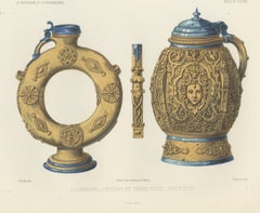 German Earthenware Jugs, Sixteenth Century, Antique Print, 1851