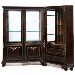 German Edwardian Ebony and Inlaid Two-Part Corner Display Cabinet circa 1900