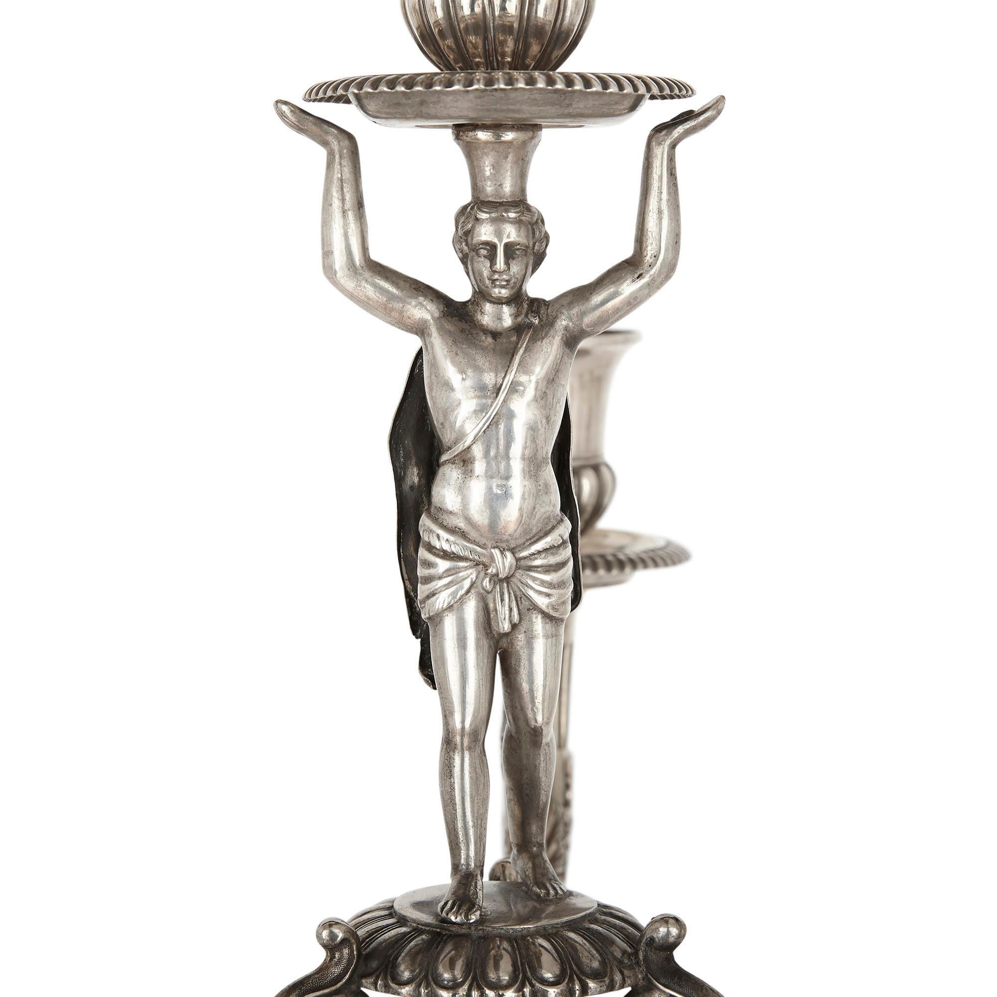 19th Century German Empire Period Seven-Piece Silver Candelabra Set For Sale