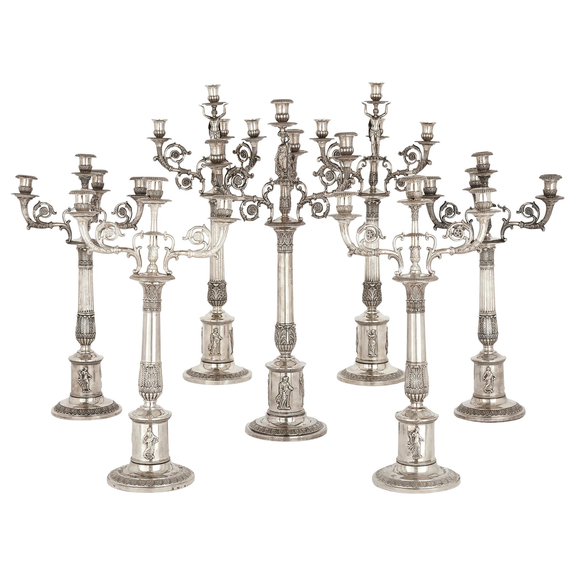 Juego de candelabros de plata de siete piezas de la época imperial alemana