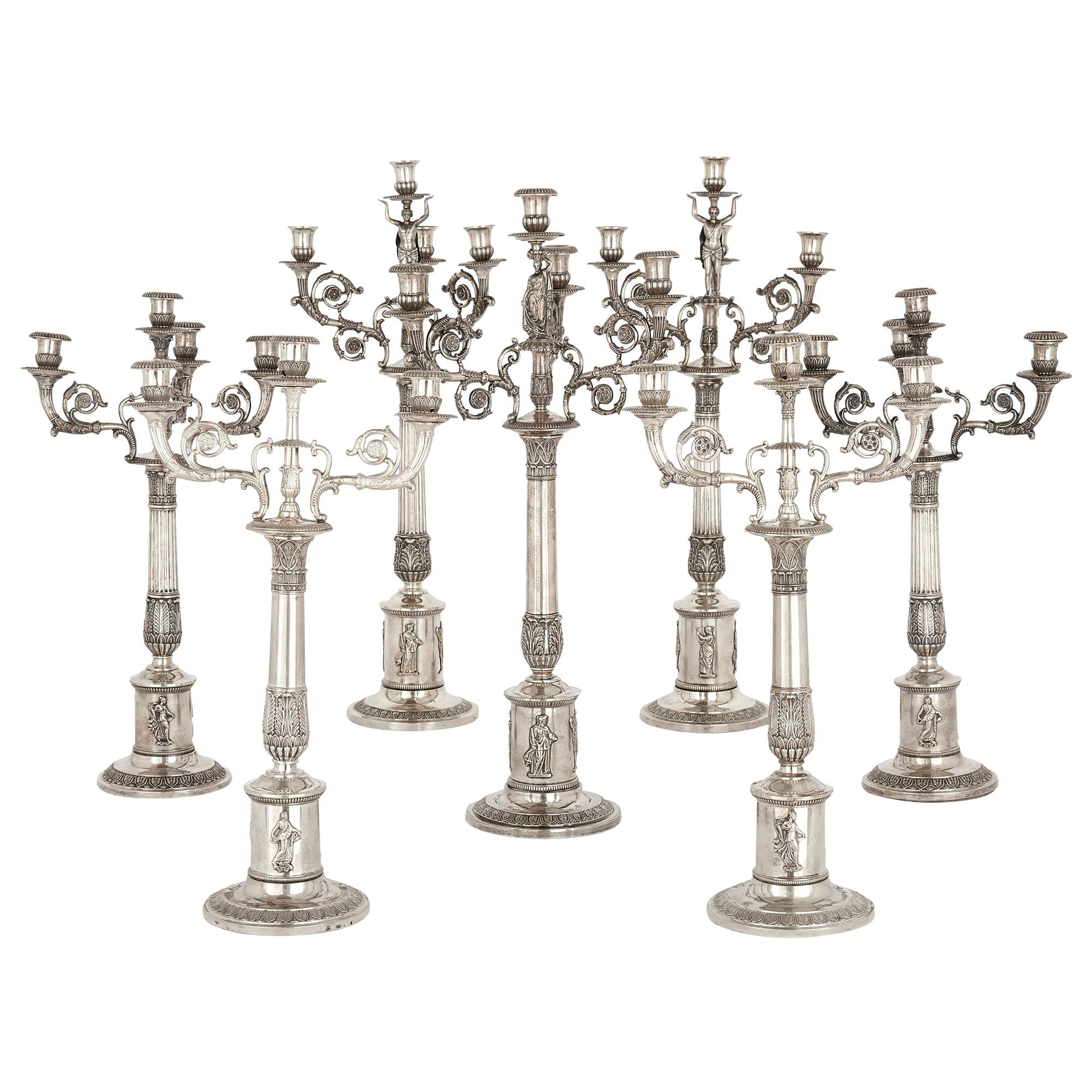 German Empire Period Seven-Piece Silver Candelabra Set