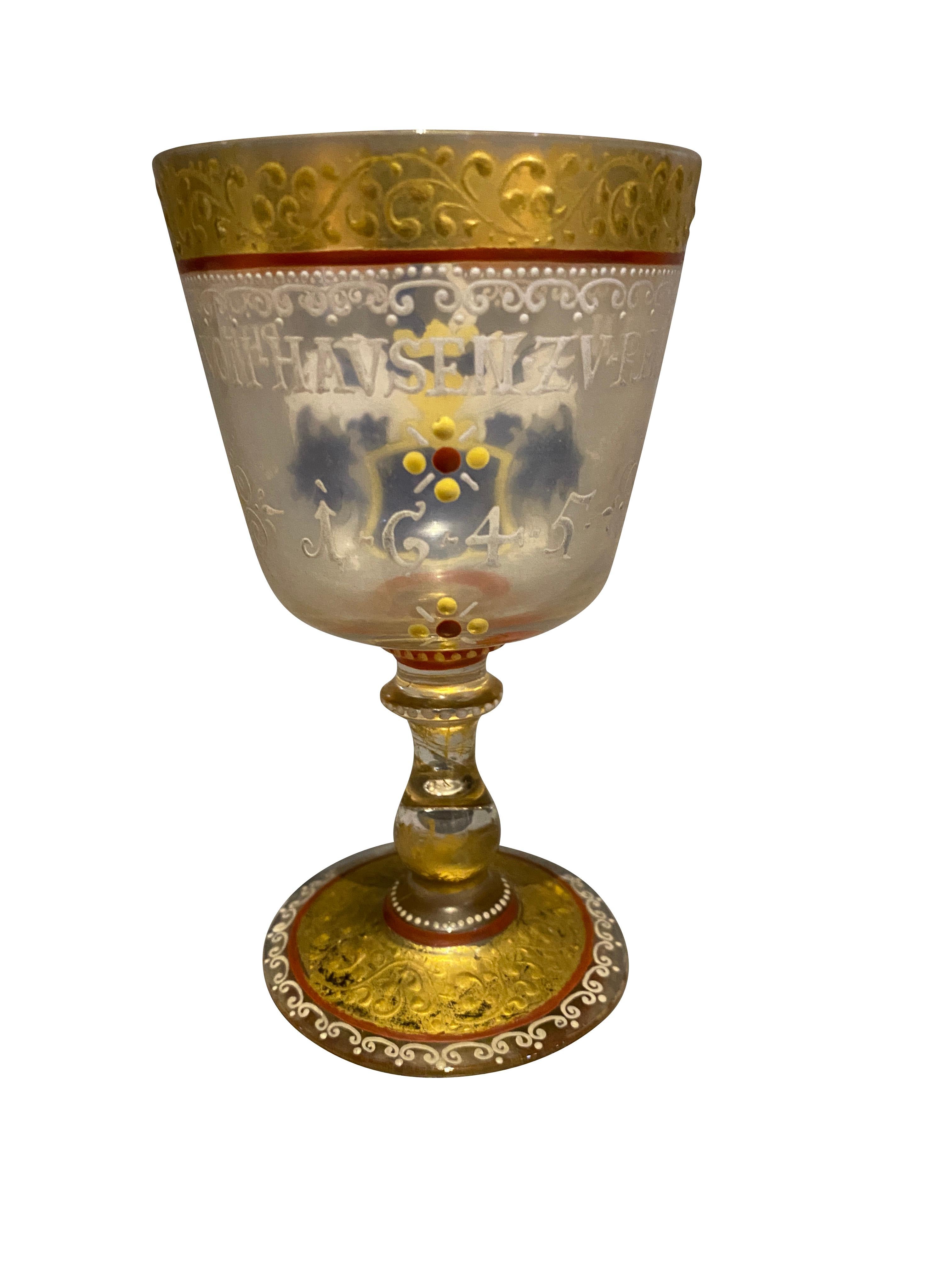 With coat of arms and gilding, circular foot. Inscribed Philips Von Havsen Zv Rehlingen.