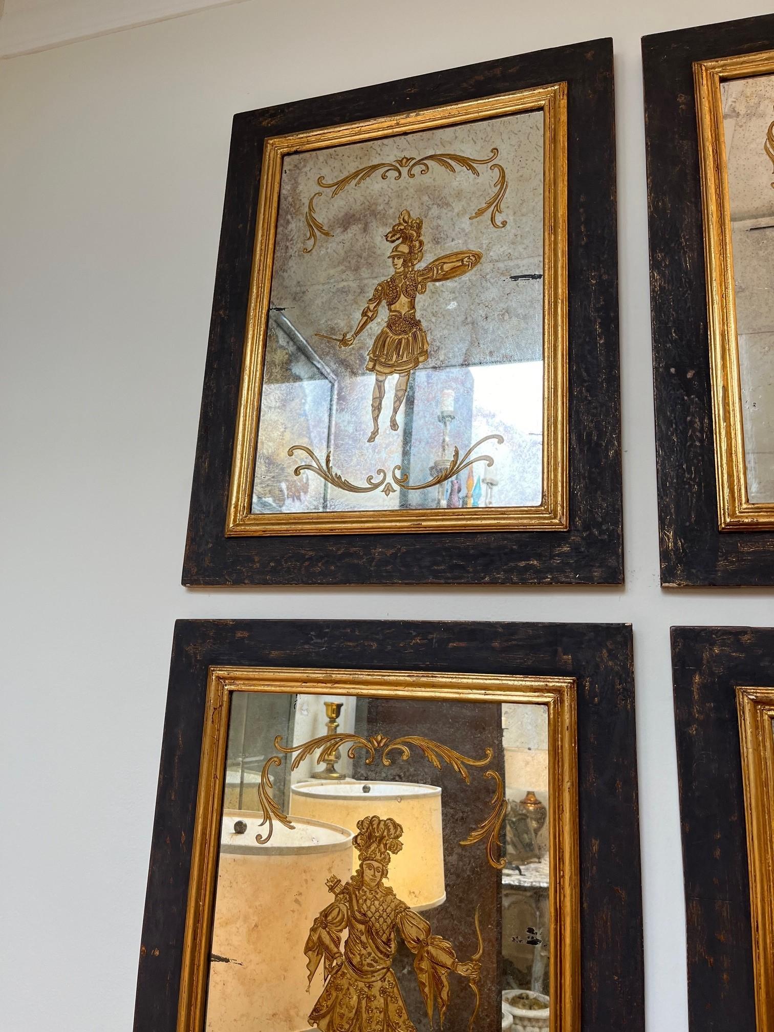 Set of five German Engraved and parcel Gilt Mirror Panels, Each engraved mirrored panel portrays a different character with hand painting and gilt detailing.