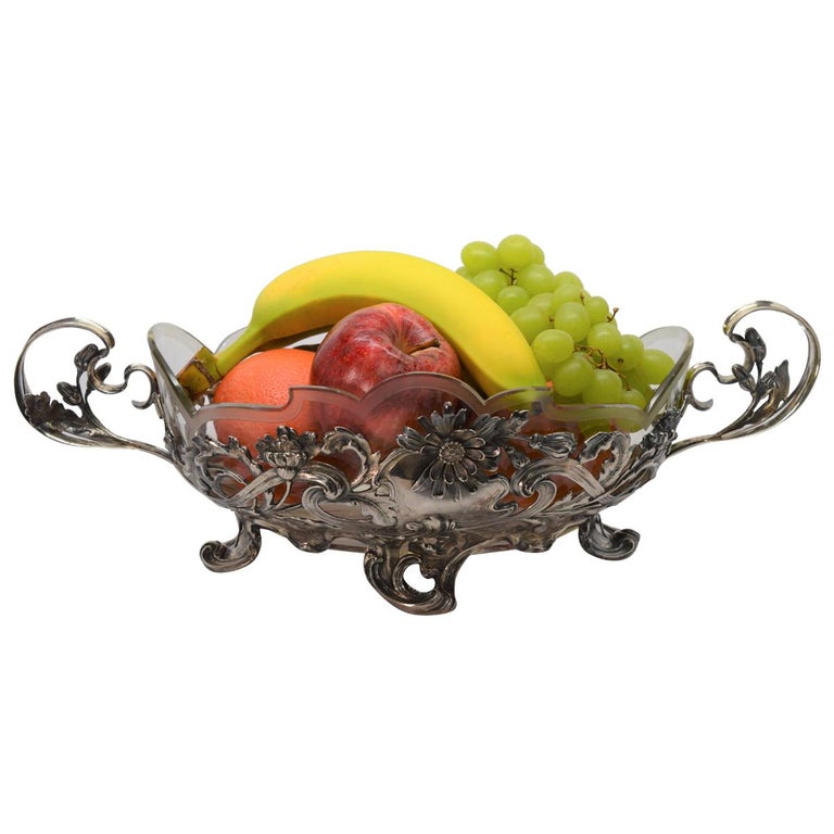 German Export Post War Silver and Leaded Glass Fruit Bowl For Sale at