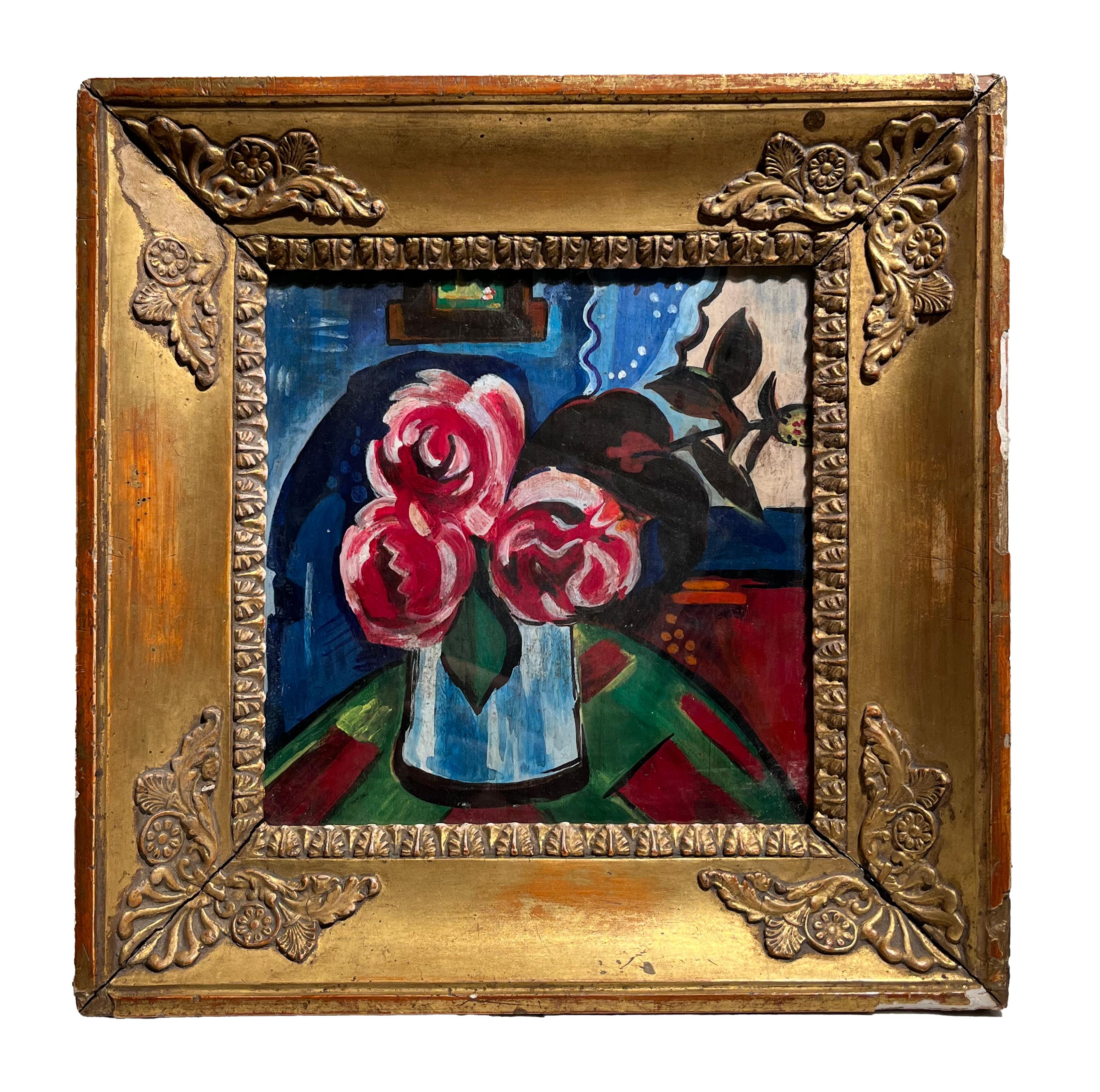 German expressionist artist
Title: Still life with vase of flowers
Period: First half of the 20th century
Medium: Oil tempera on panel
Dimensions: without frame 18.5 × 18.7 cm – with frame 27.5 x 27.5 x 3.5 cm
Not signed

Original frame in moulded