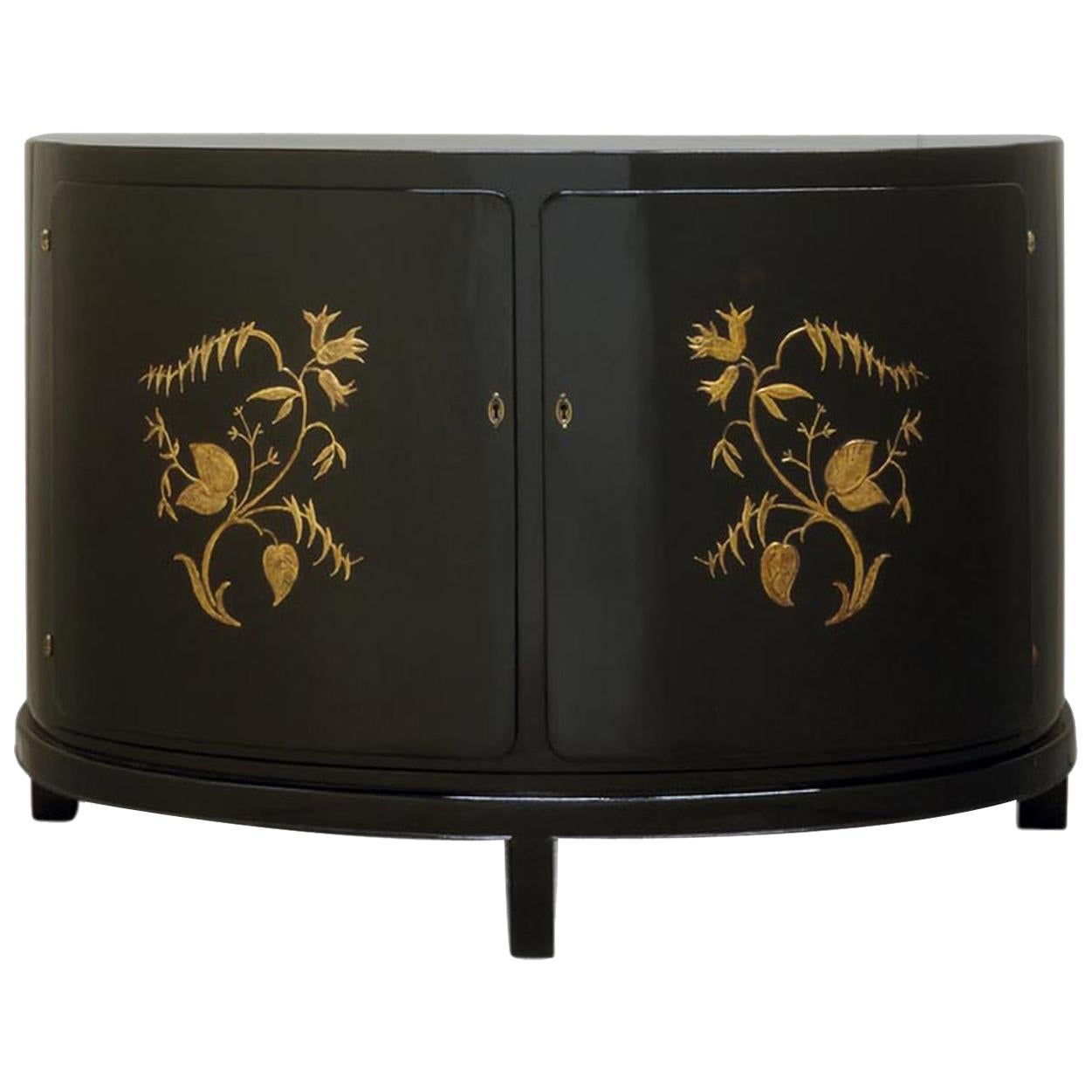 Black Lacquer German Expressionist Demilune Cabinet Circa 1922 For Sale