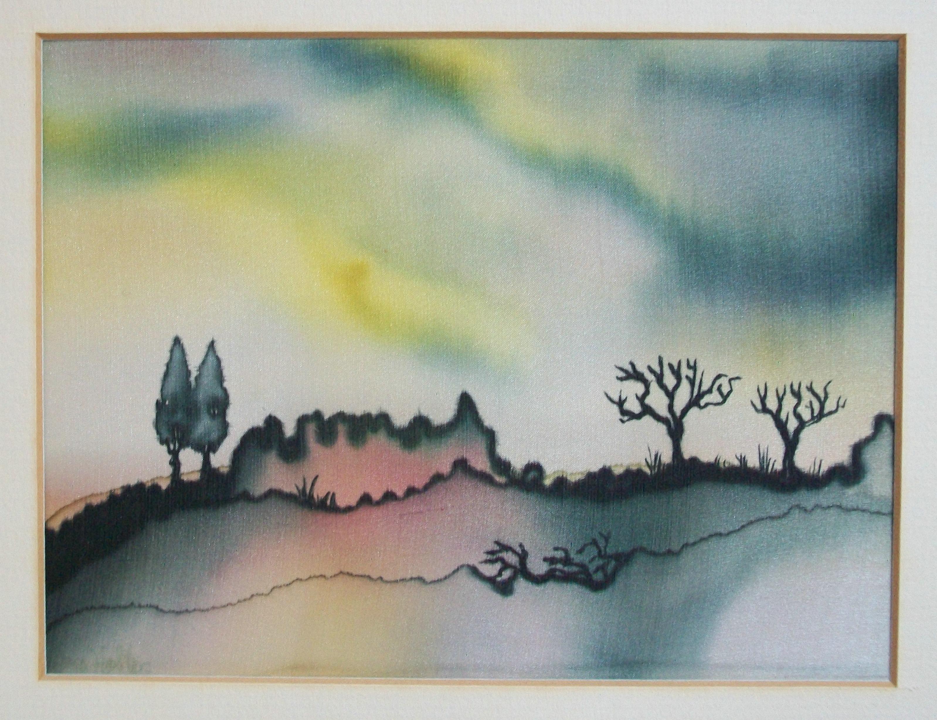 Mid-Century Modern German Expressionist Landscape Painting on Silk, Unsigned, Mid 20th Century For Sale