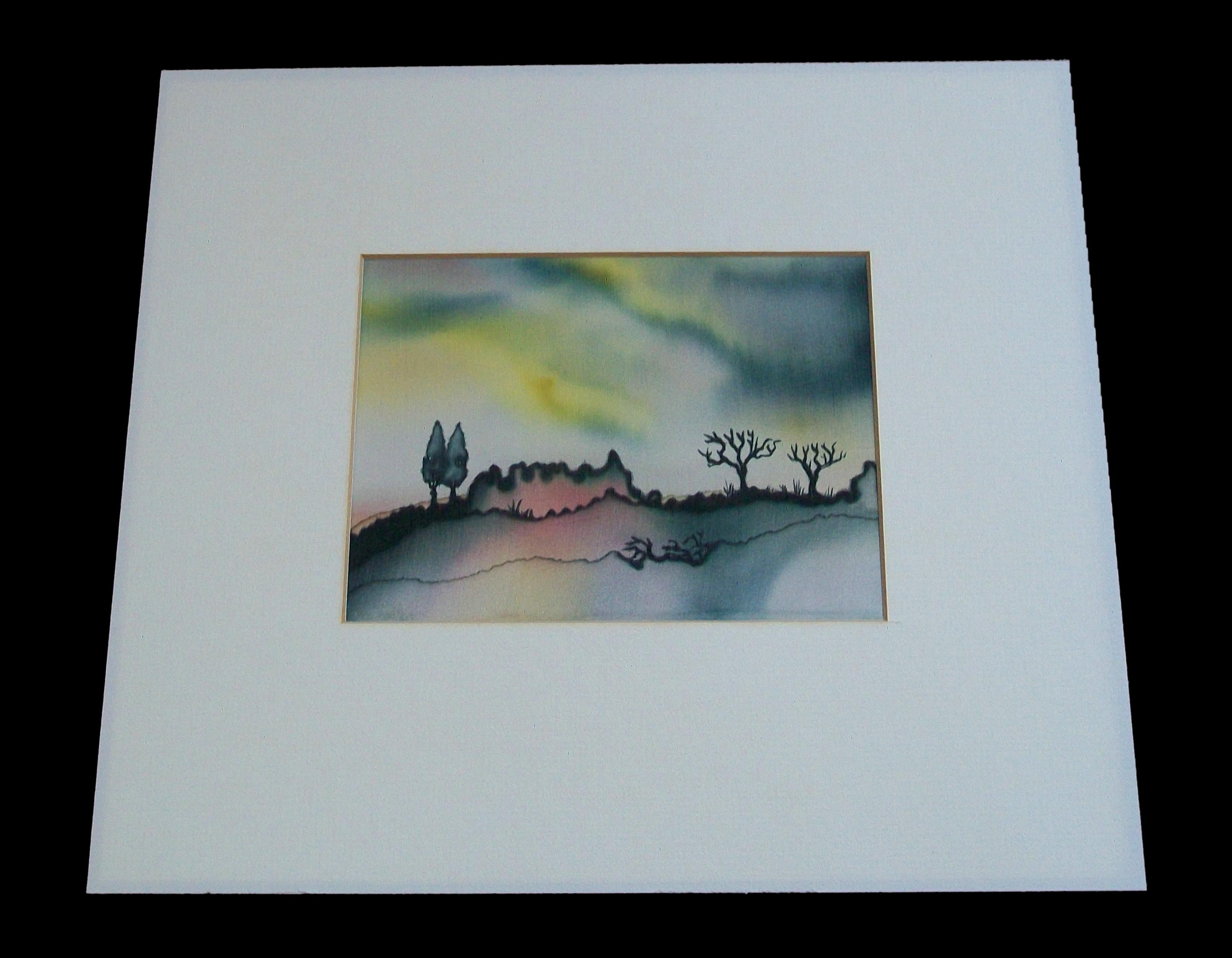 Hand-Painted German Expressionist Landscape Painting on Silk, Unsigned, Mid 20th Century For Sale