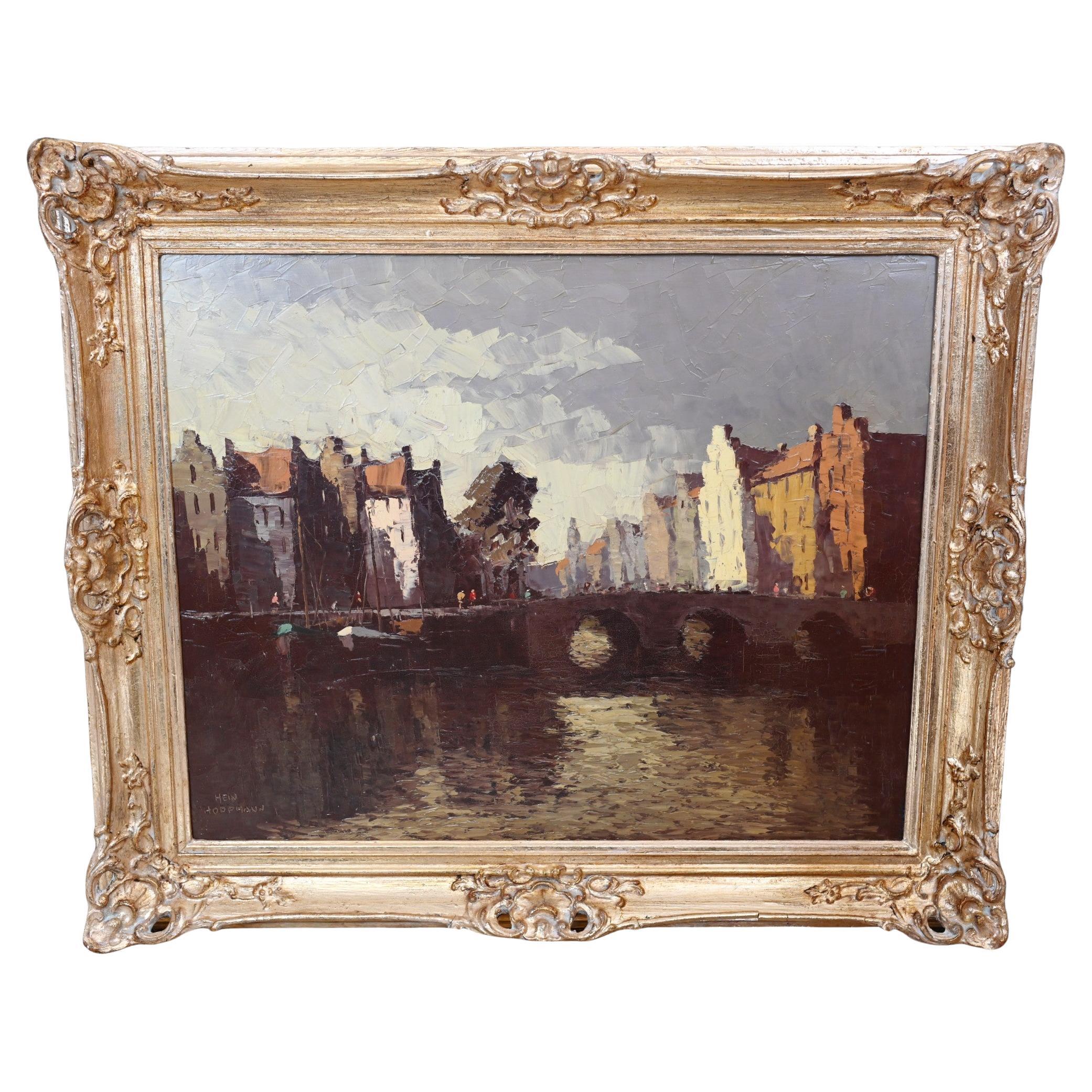 German Expressionist Oil Painting Canal Scene After Hein Hoppmann