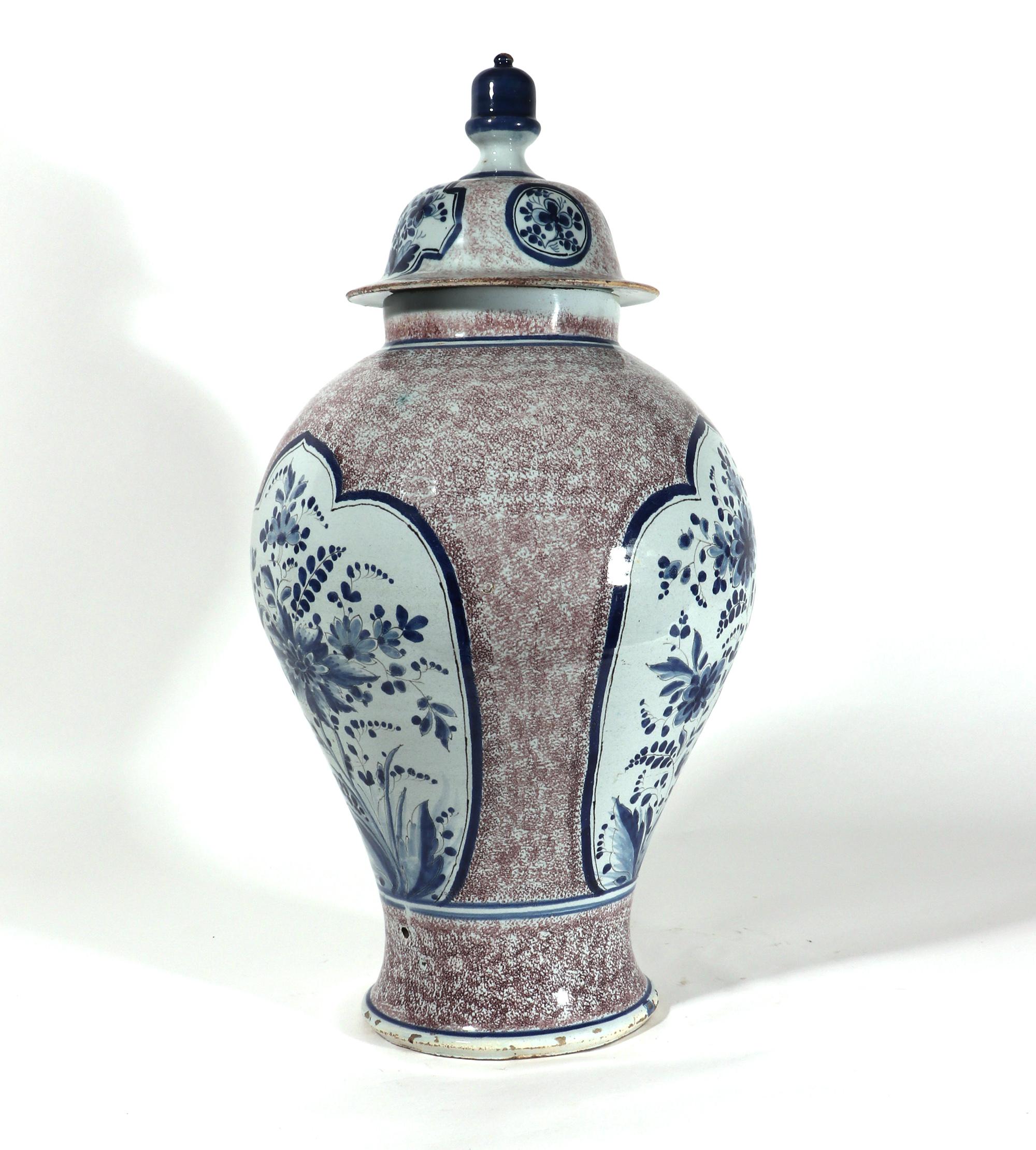 German Faience or Dutch Delft Powdered Manganese & Blue Large Vase & Cover In Good Condition For Sale In Downingtown, PA