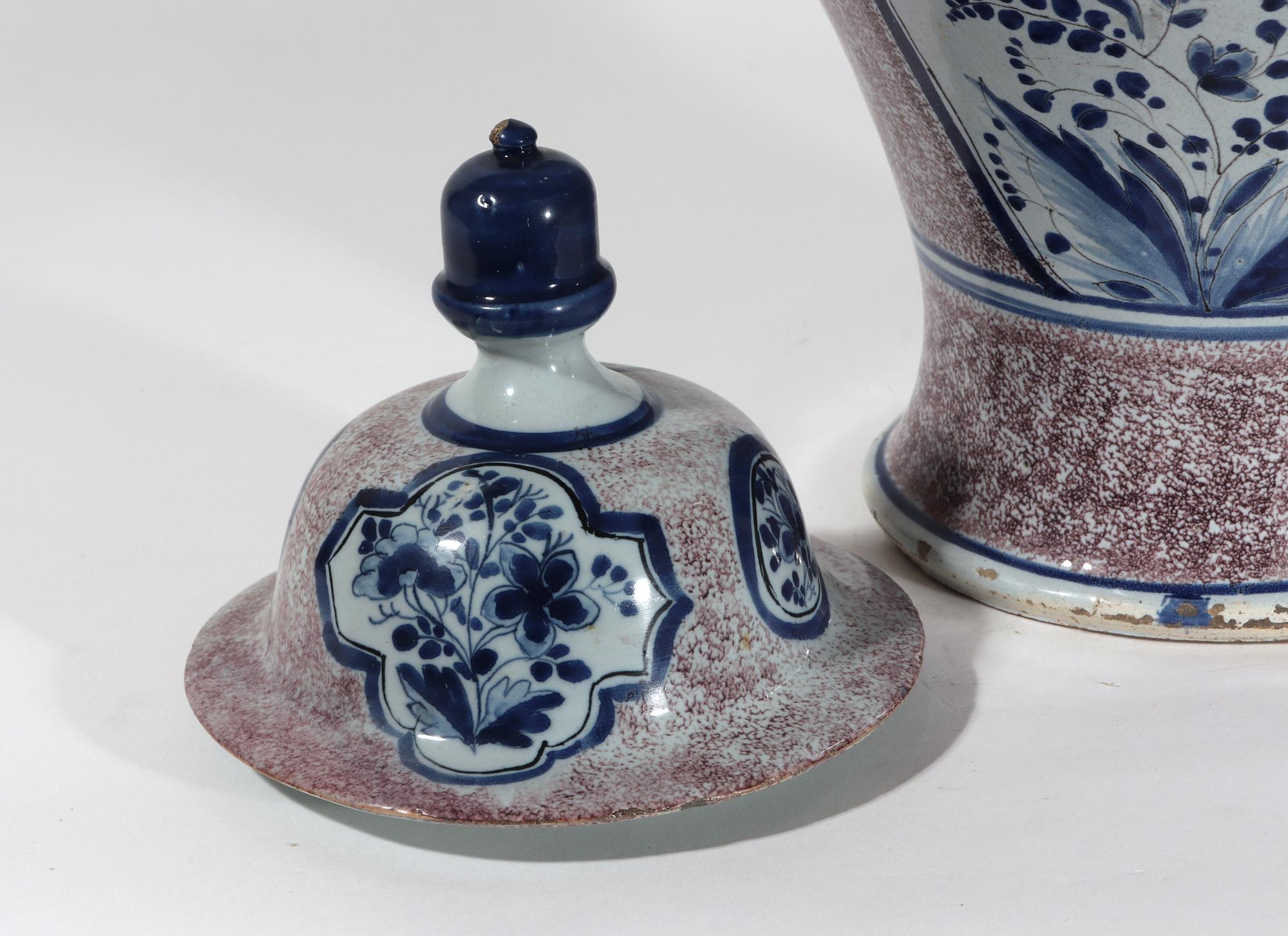 18th Century German Faience or Dutch Delft Powdered Manganese & Blue Large Vase & Cover For Sale