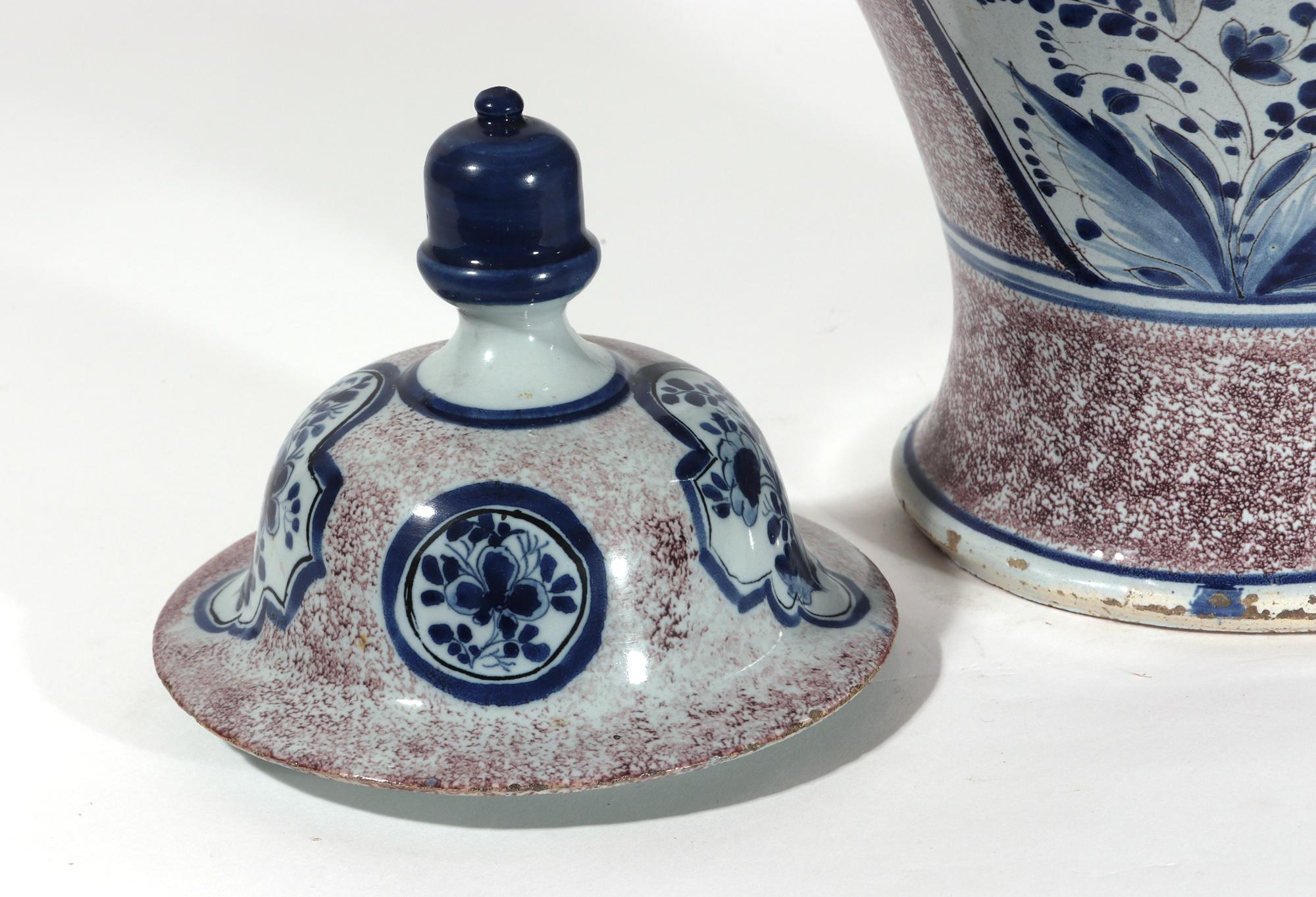 German Faience or Dutch Delft Powdered Manganese & Blue Large Vase & Cover For Sale 1