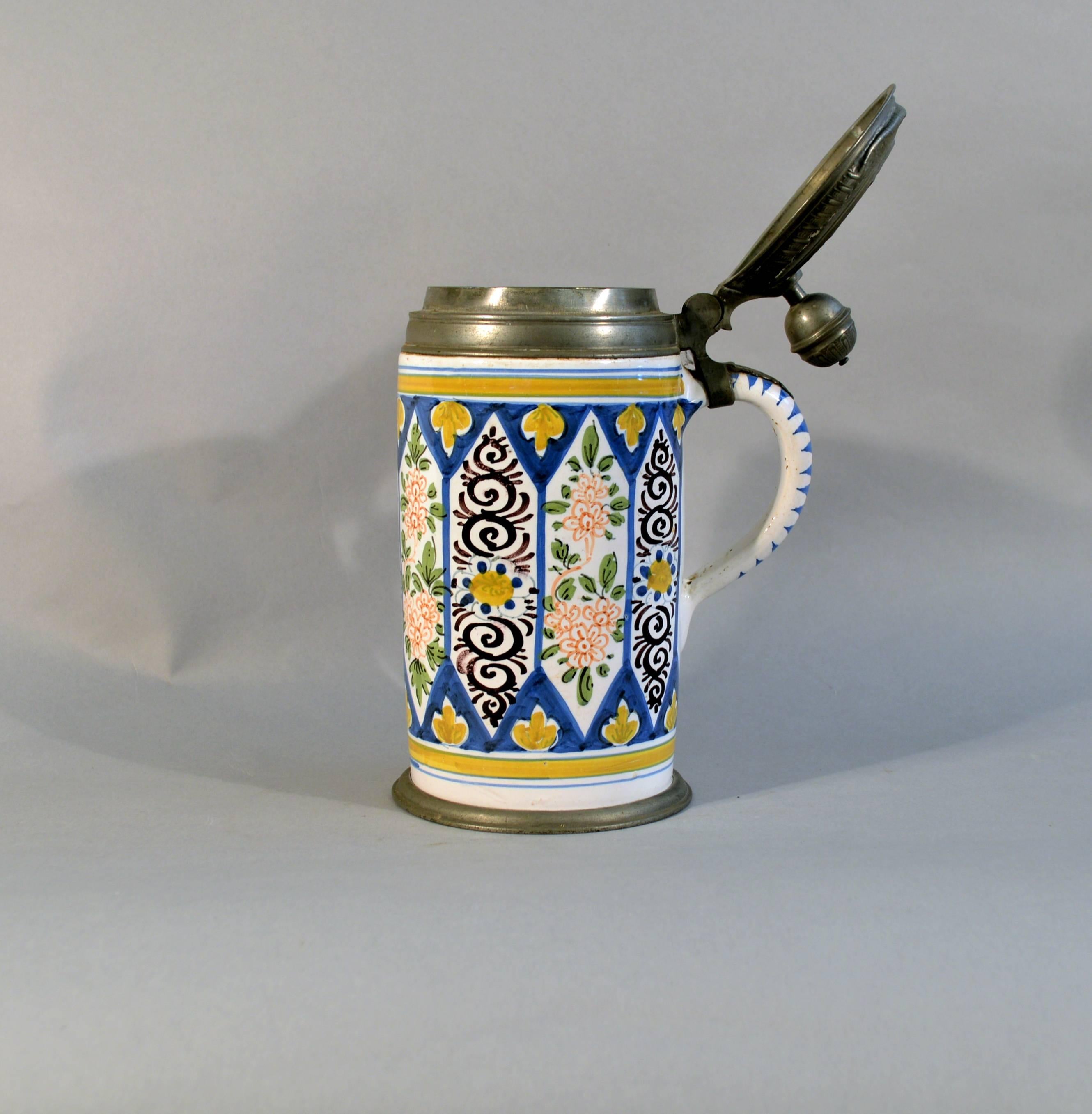 German Faience, Tin-Glazed Earthenware Tankard w/ Bands of Flowers, circa 1760 In Excellent Condition In Downingtown, PA