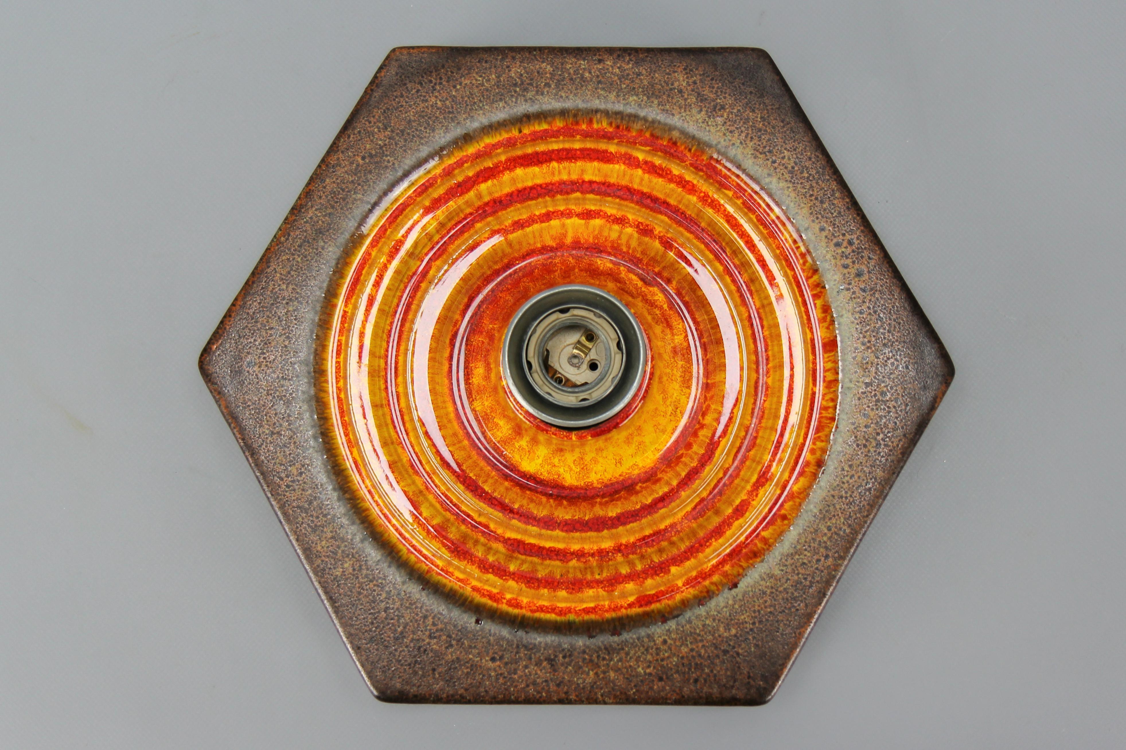 Mid-Century Modern German Fat Lava Orange and Brown Ceramic Flush Mount or Sconce, 1970s For Sale