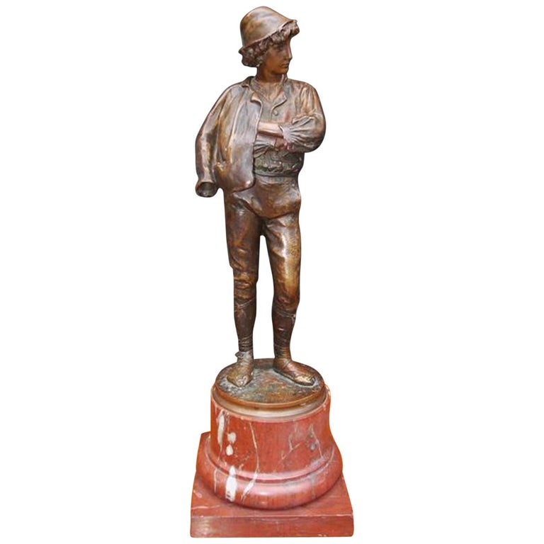 German Figural Young Roman Bronze Mounted on Rouge Marble Base, Circa 1885 For Sale