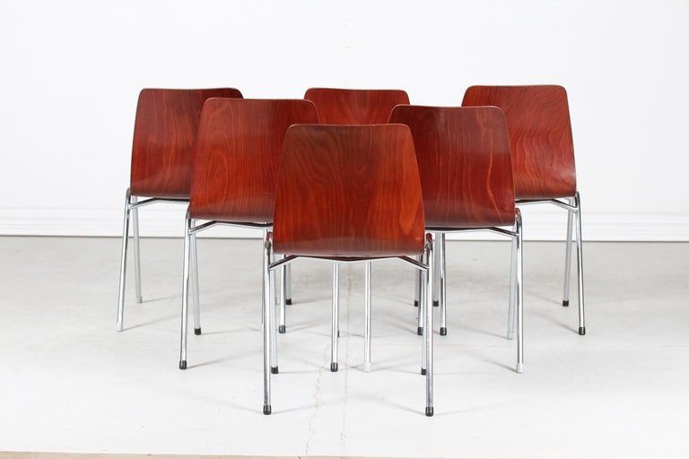 Metal German Flötotto and Pagholz Set of Six Stacking Chairs of Molded Plywood 1970s For Sale