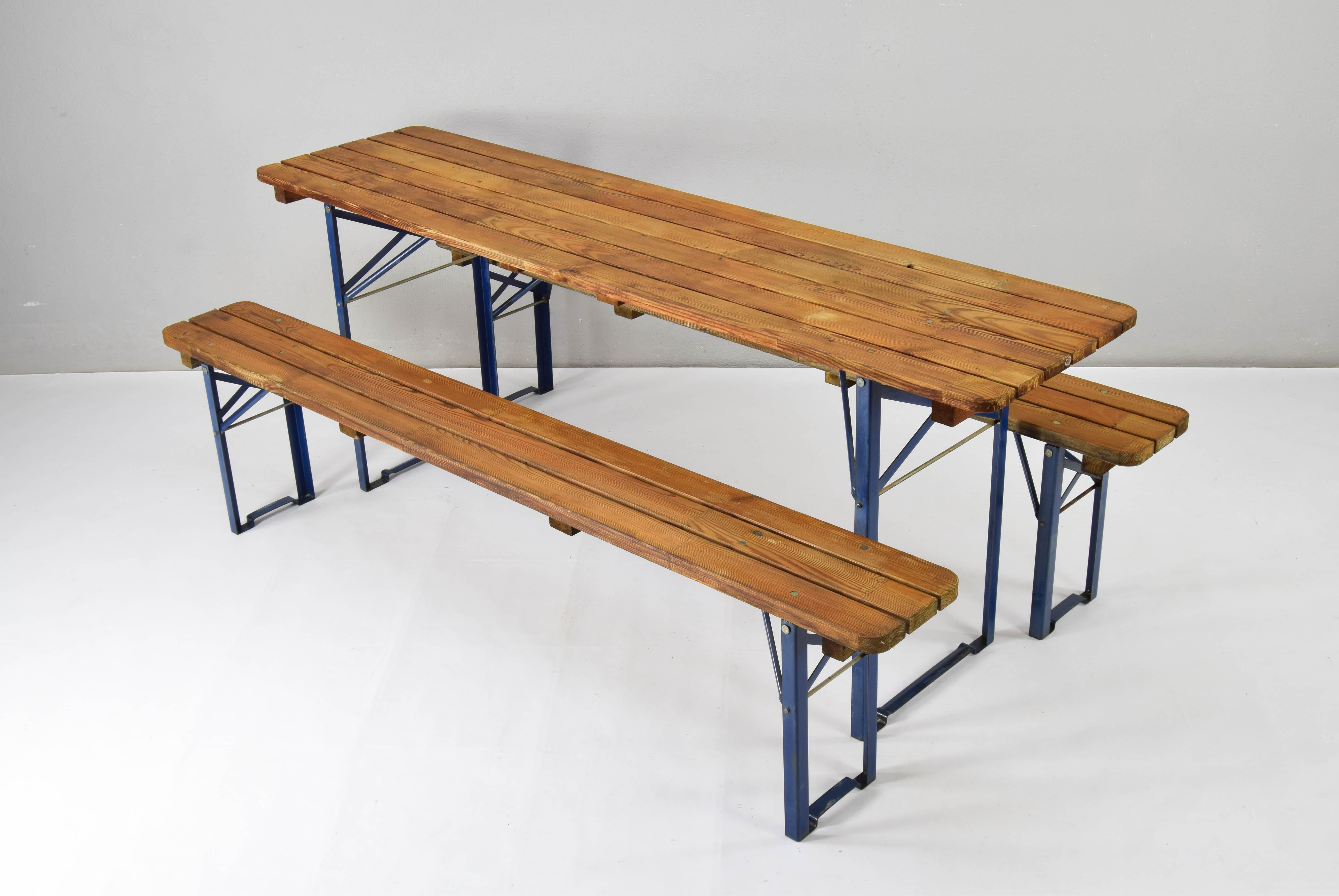 Rustic German Folding Garden or Picnic Vintage Table and Benches 70s For Sale