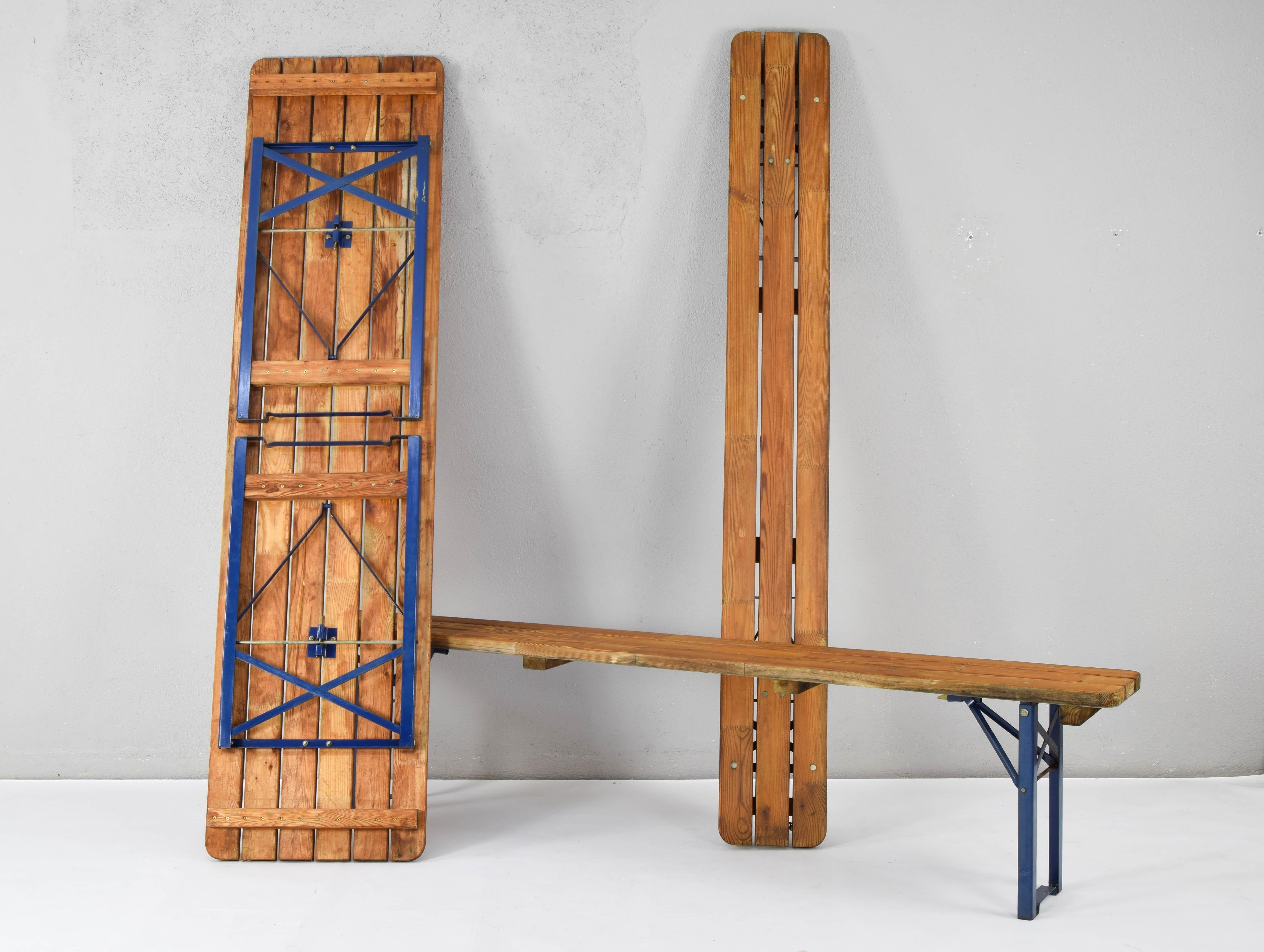 Lacquered German Folding Garden or Picnic Vintage Table and Benches 70s For Sale