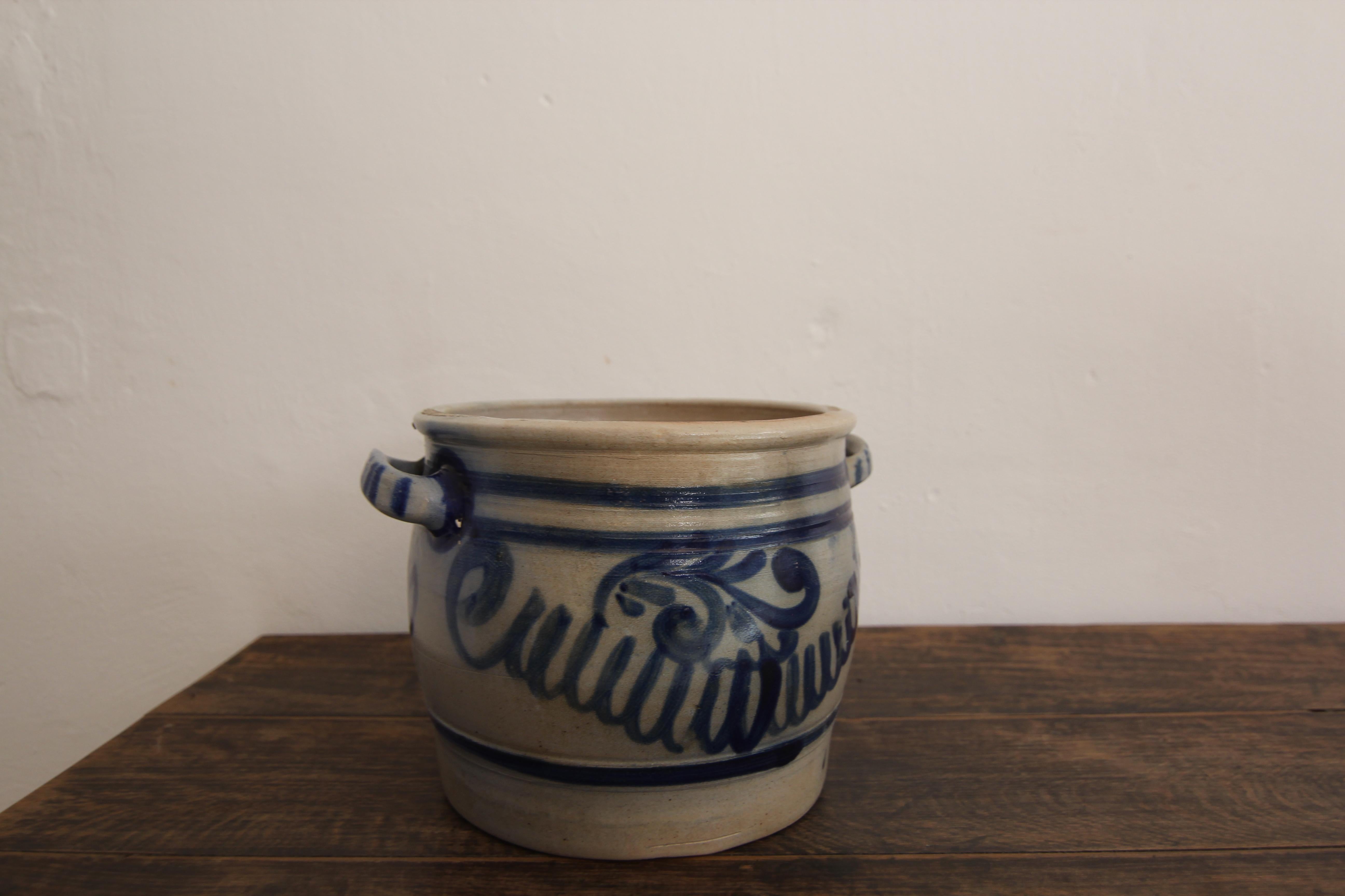 German Folk Art Grey and Cobalt Blue Stoneware Jar For Sale 11