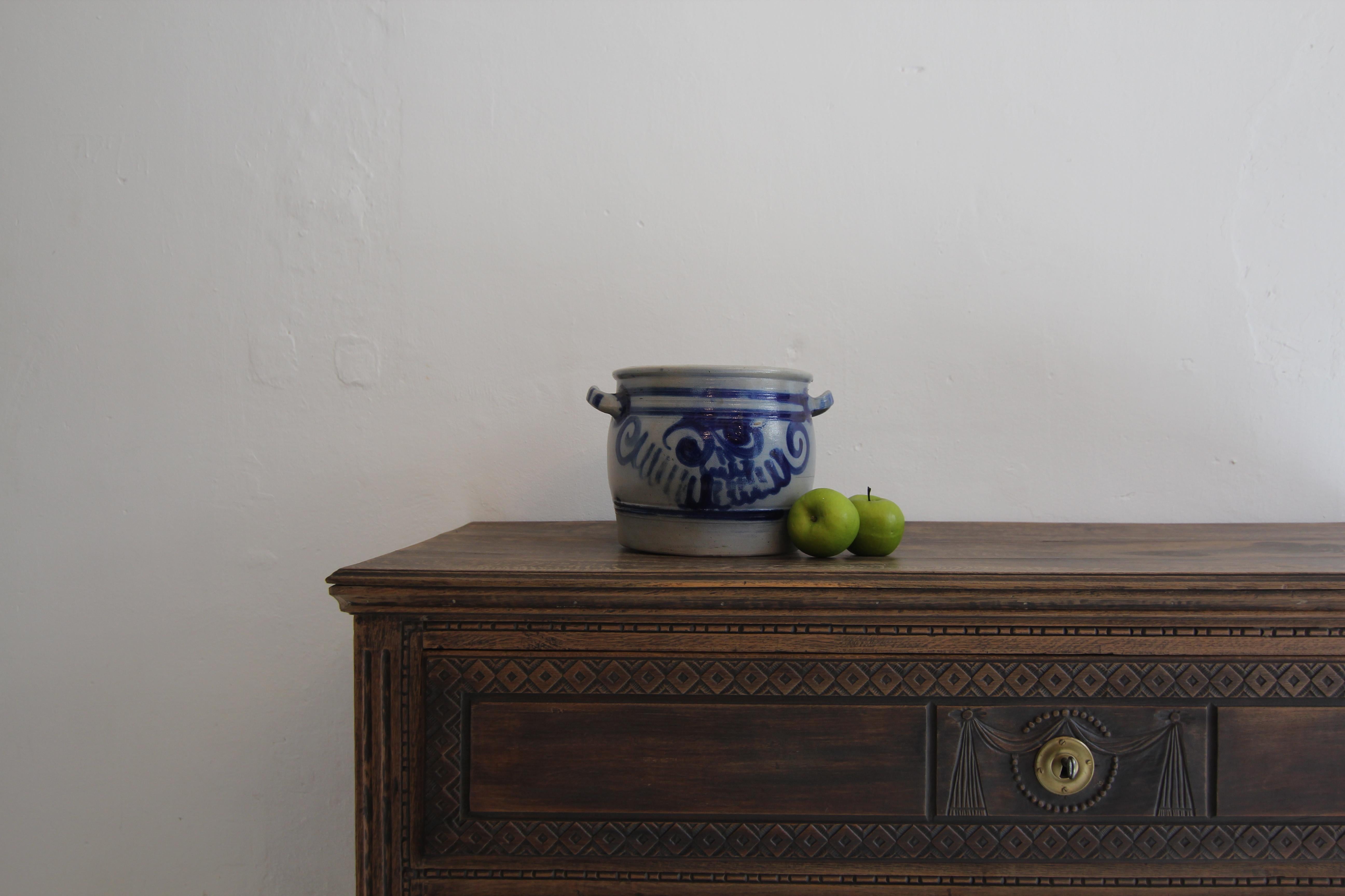 Glazed German Folk Art Grey and Cobalt Blue Stoneware Jar For Sale