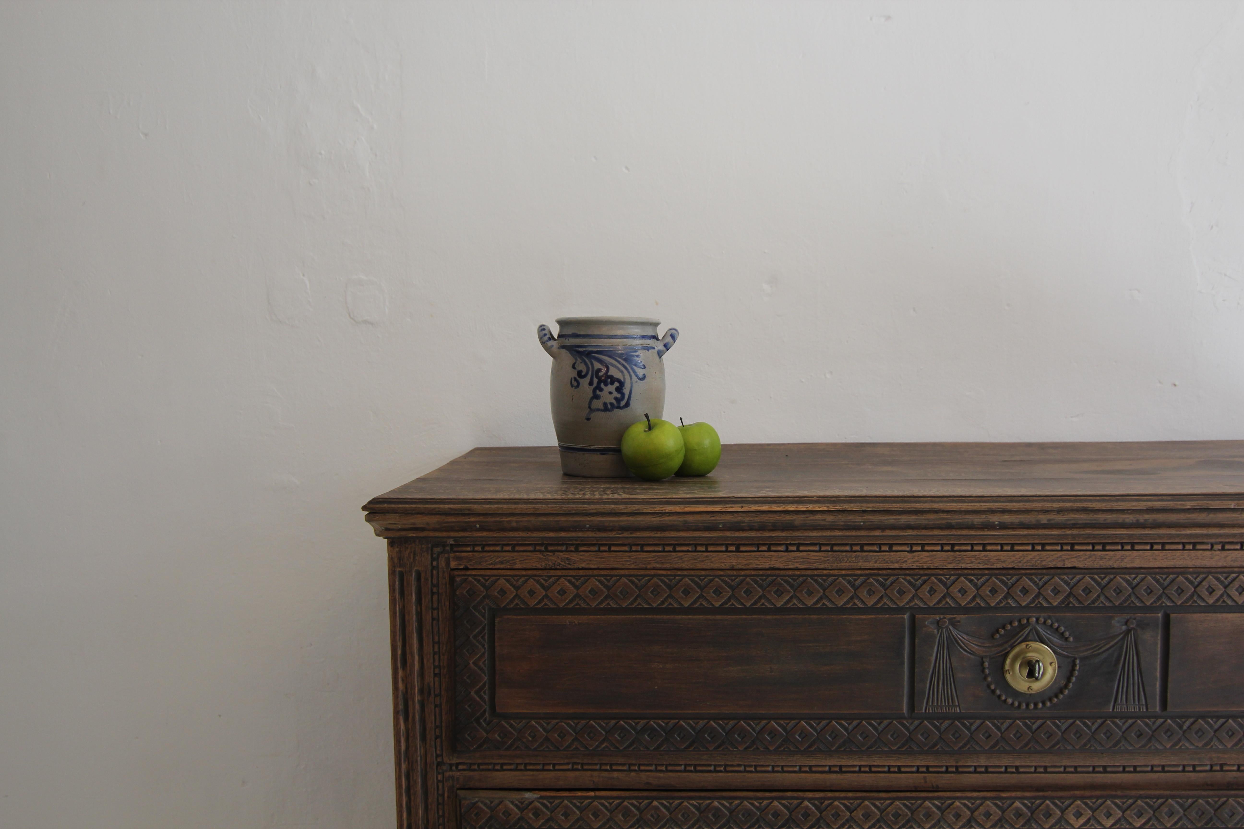 Glazed German Folk Art Grey and Cobalt Blue Stoneware Jar