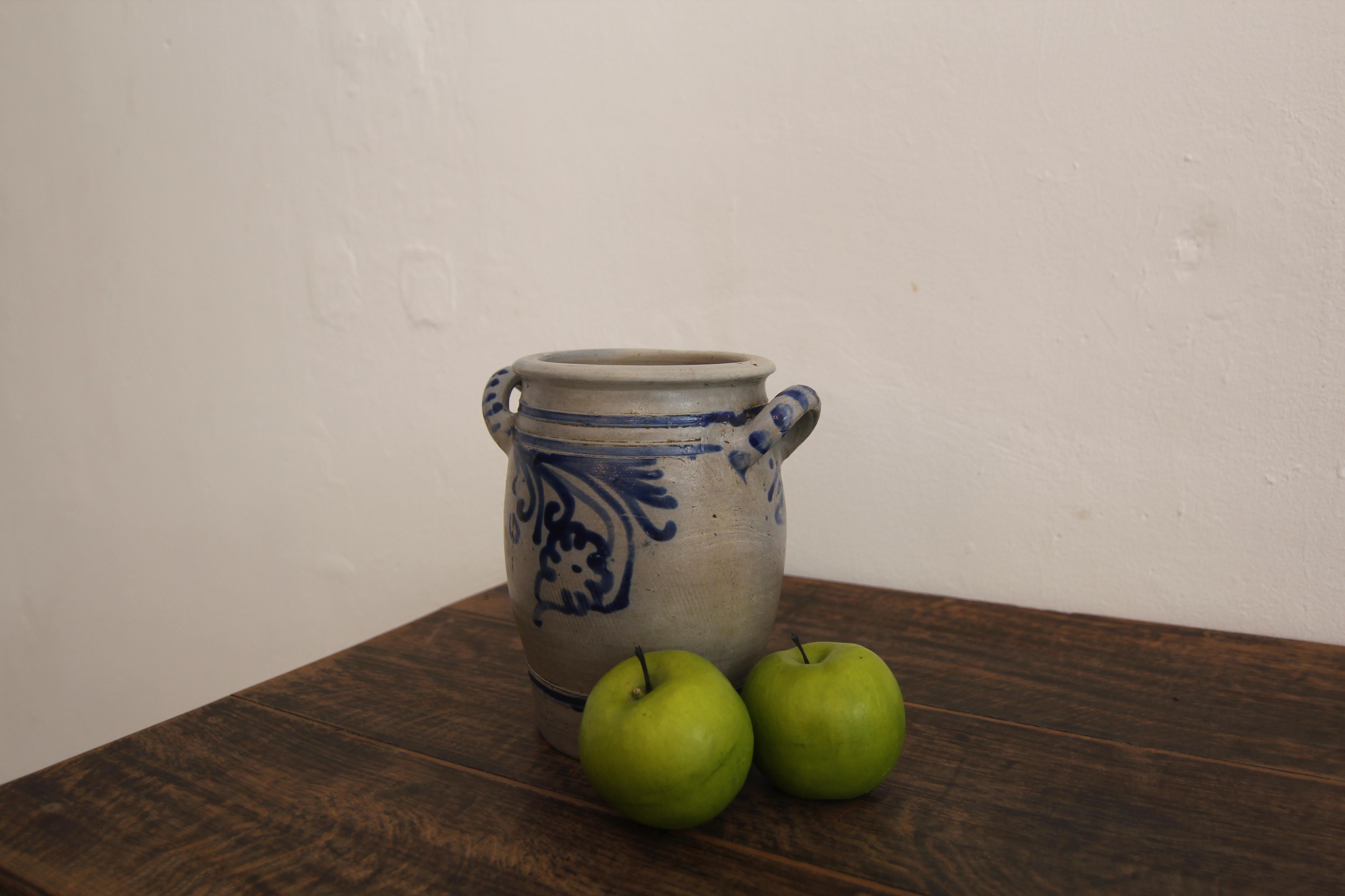 German Folk Art Grey and Cobalt Blue Stoneware Jar 1