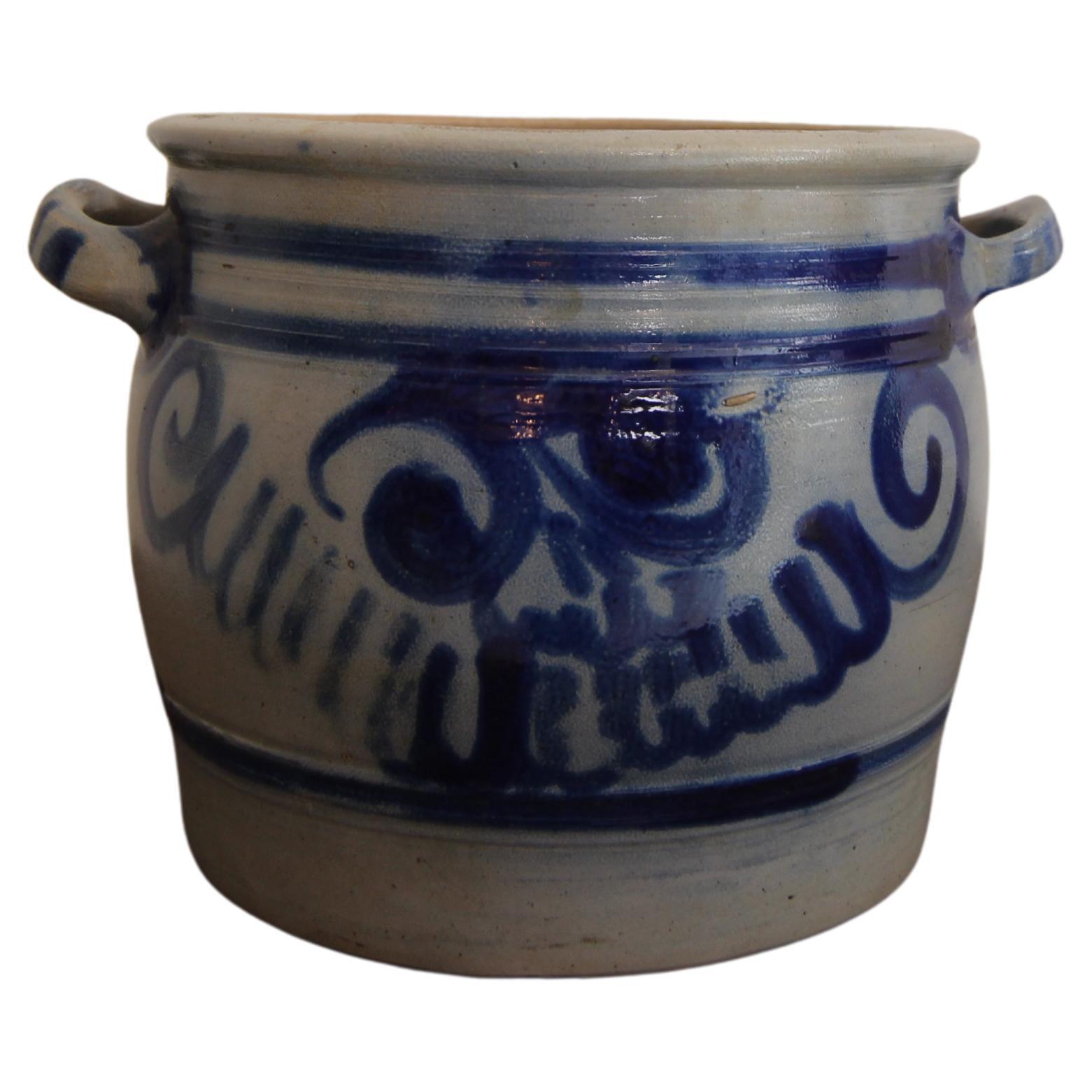 German Folk Art Grey and Cobalt Blue Stoneware Jar For Sale