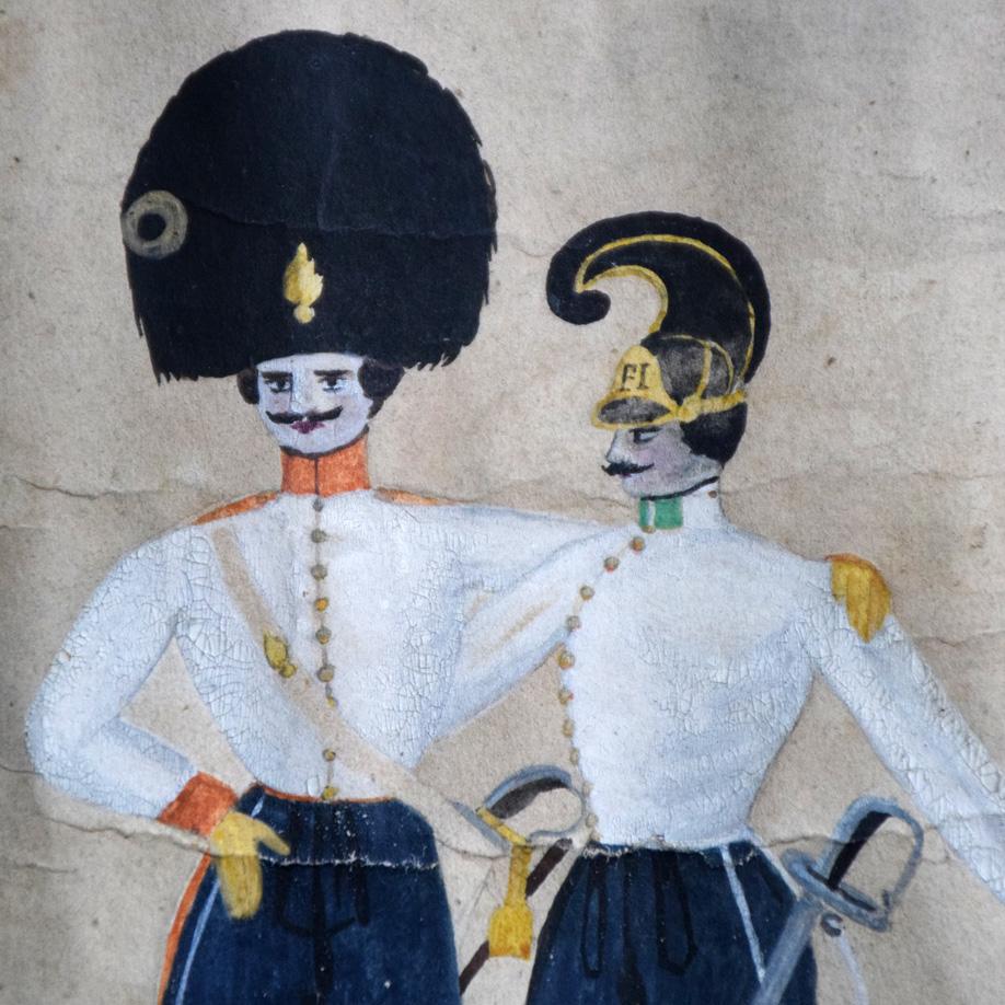 A wonderful example of a circa 1870 German Folk Art naïve military scene in townscape annotated to celebrate a soldier. In ceremonial regalia in watercolour & gouache framed in its period maple frame. The detail across this painting is quite