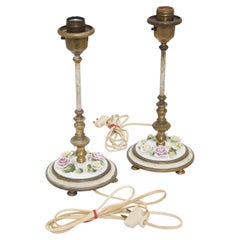 German Footed Candlestick Vanity Lamps with Porcelain Flowers; a Pair