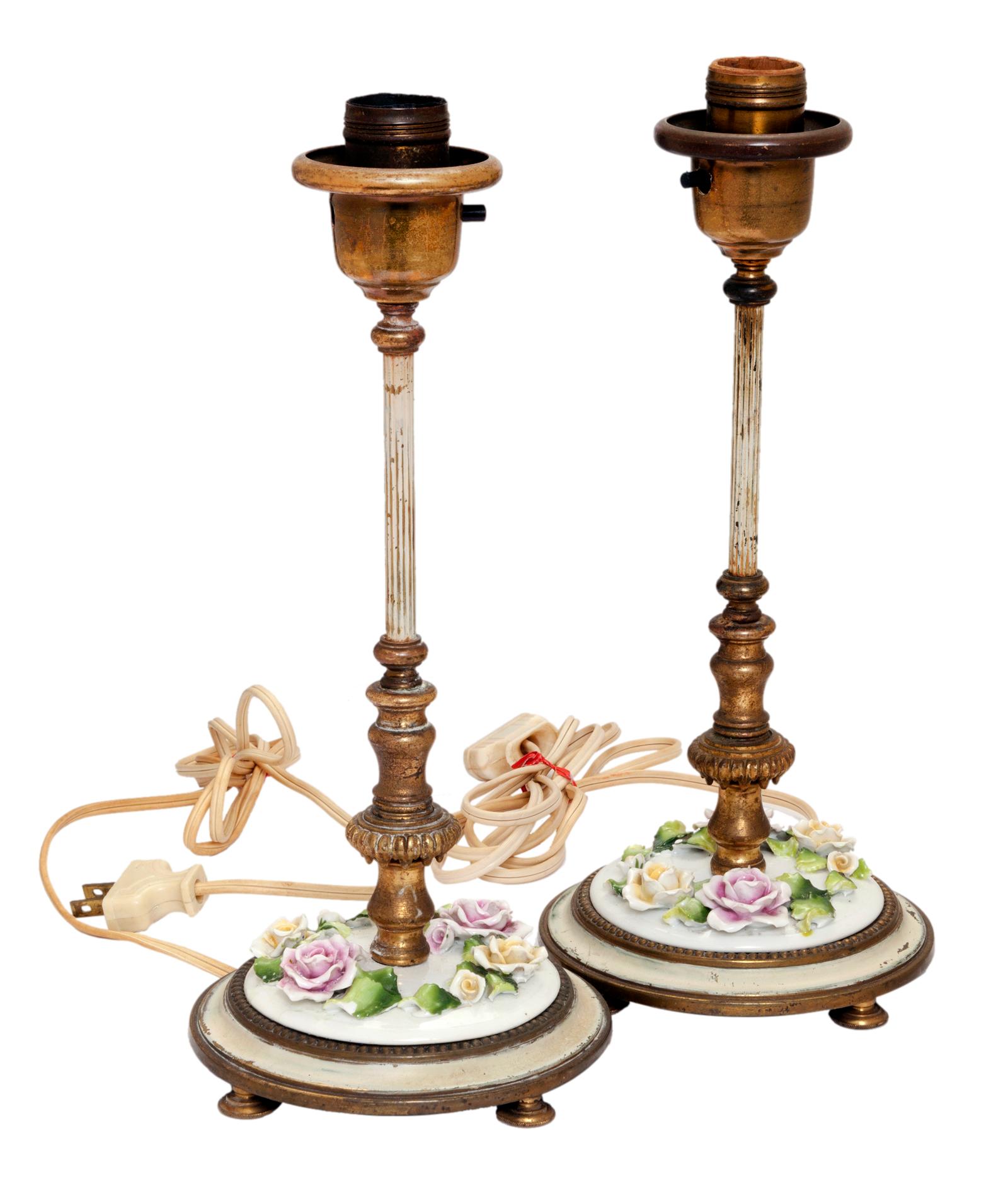 Belle Époque German Footed Candlestick Vanity Lamps with Porcelain Flowers; a Pair For Sale