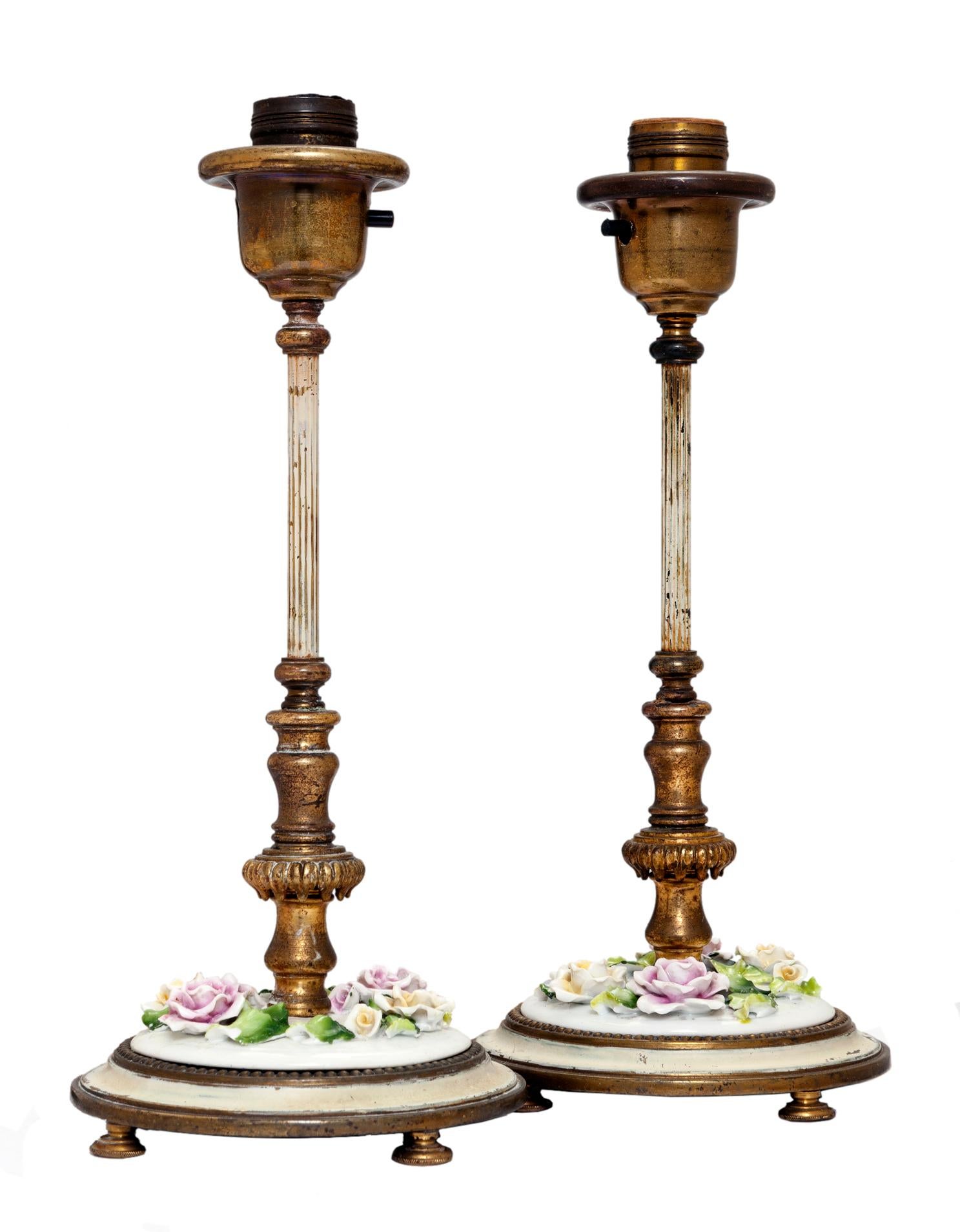 German Footed Candlestick Vanity Lamps with Porcelain Flowers; a Pair In Good Condition For Sale In Malibu, CA
