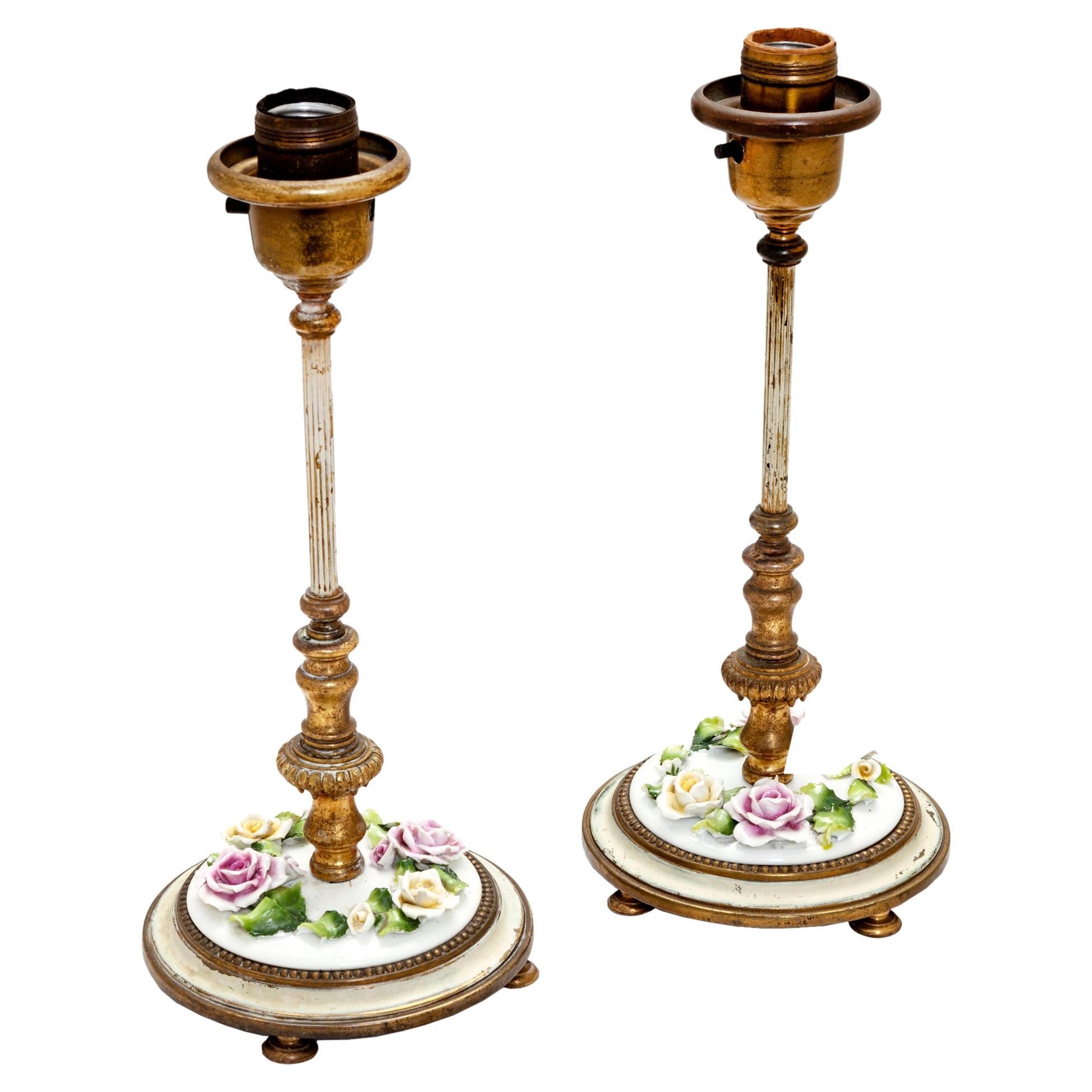 German Footed Candlestick Vanity Lamps with Porcelain Flowers; a Pair For Sale