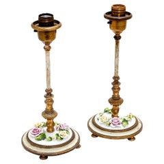 German Footed Candlestick Vanity Lamps with Porcelain Flowers; a Pair