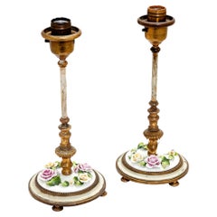 Vintage German Footed Candlestick Vanity Lamps with Porcelain Flowers; a Pair