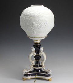 German Footed Porcelain Lamp, White Bisque Shade w/ Putti, Figures, 20th Century