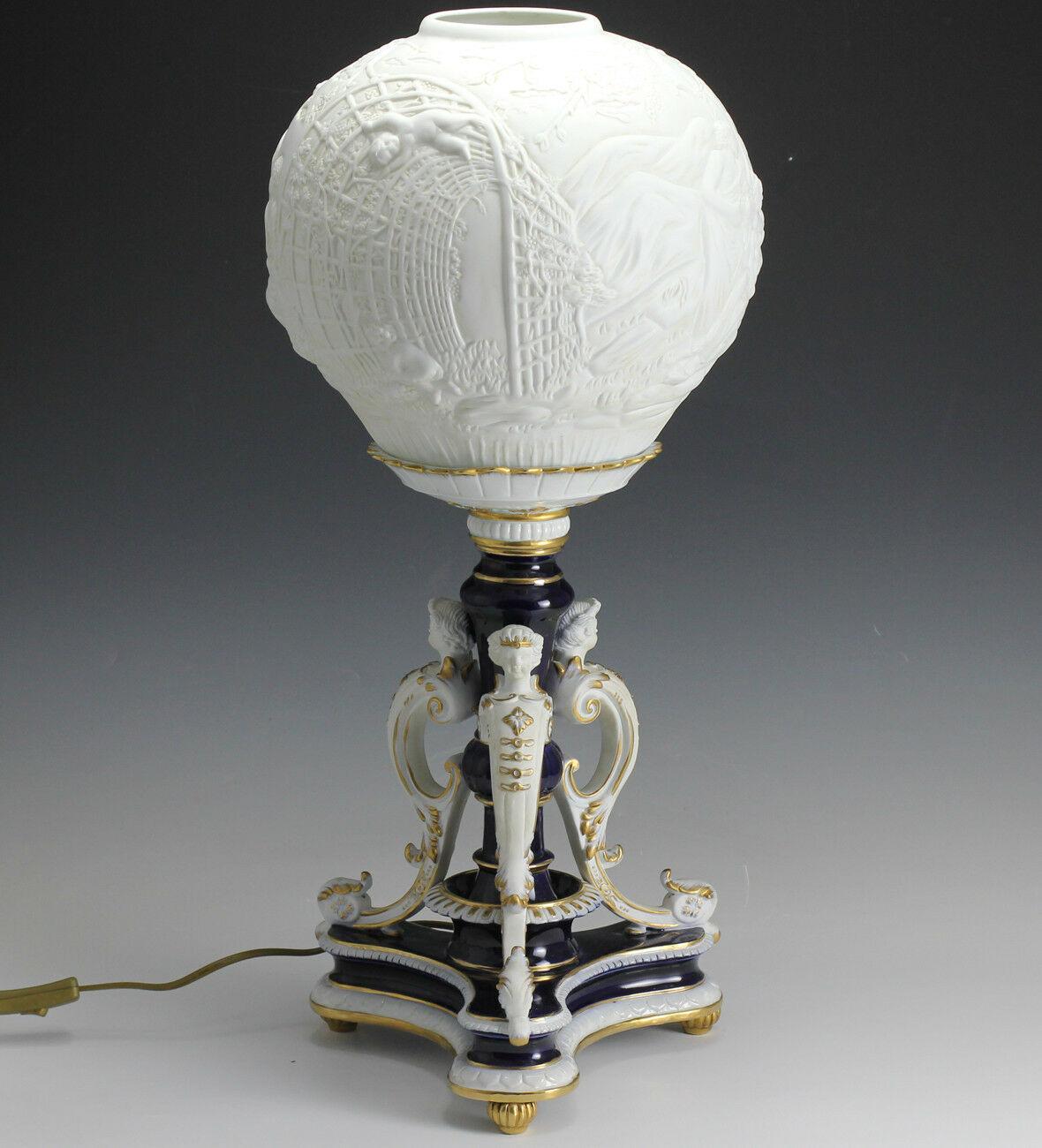 German Footed Porcelain Lamp, White Bisque Shade w/ Putti, Figures, 20th Century In Good Condition For Sale In Gardena, CA