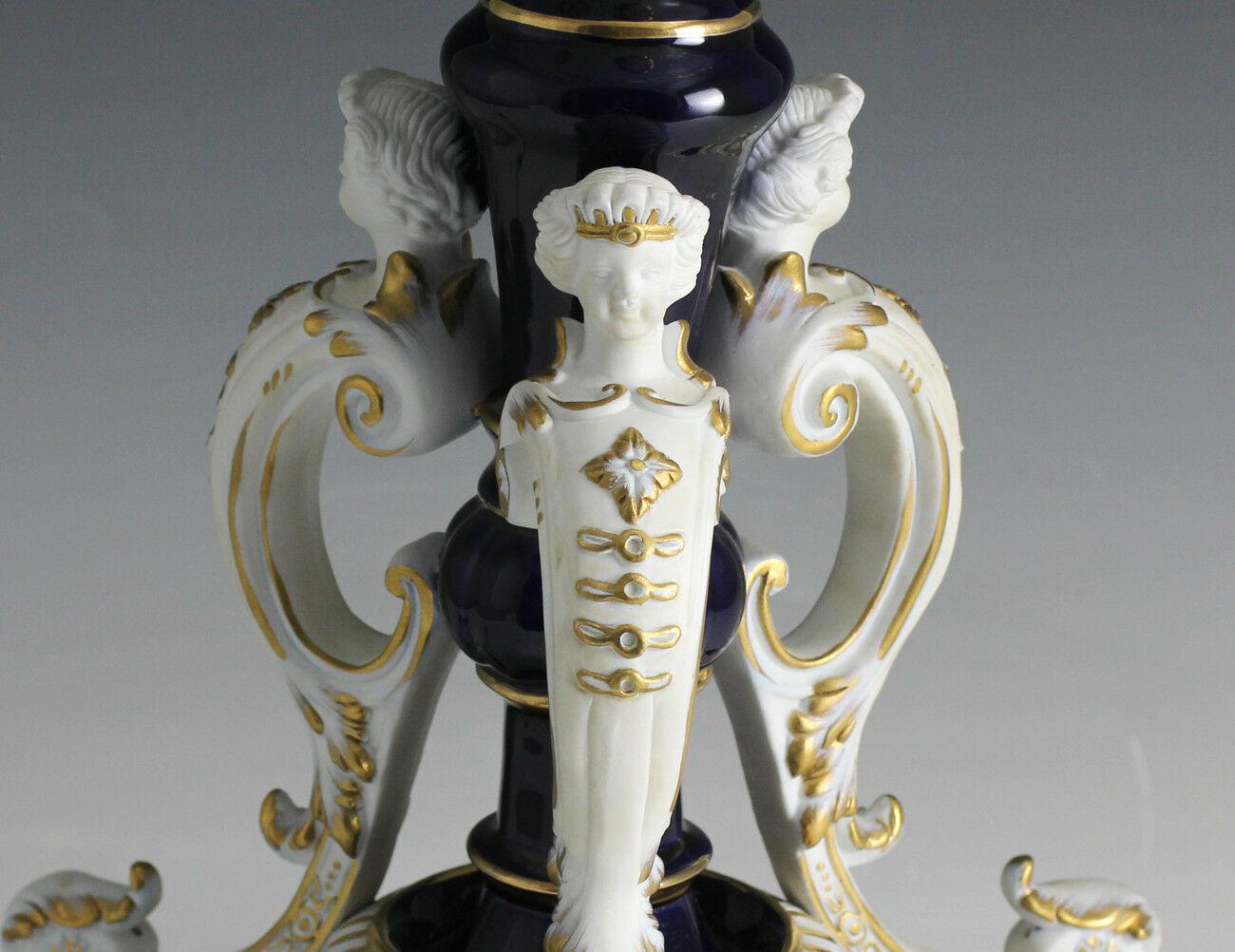 German Footed Porcelain Lamp, White Bisque Shade w/ Putti, Figures, 20th Century For Sale 2