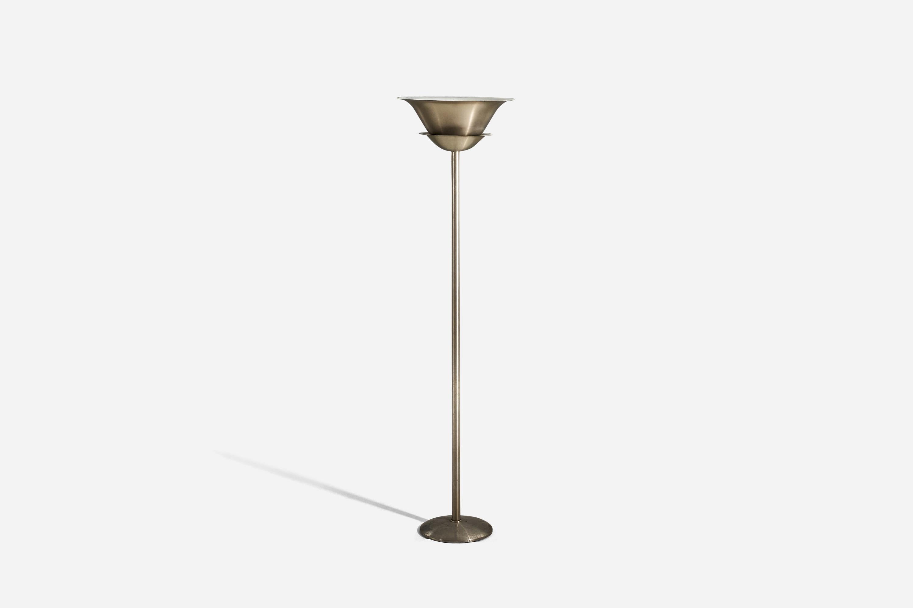 A stainless steel floor lamp designed and produced in Germany, c. 1940s.

Socket takes standard E-26 medium base bulb.
There is no maximum wattage stated on the fixture.