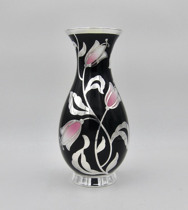 German Porcelain Vase with Spahr Pure Silver Overlay and Pink Tulips at 1stDibs