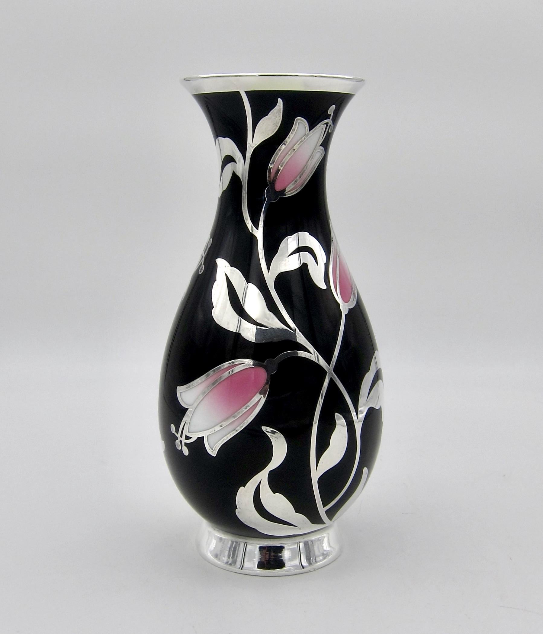 Art Deco German Porcelain Vase with Spahr Pure Silver Overlay and Pink Tulips