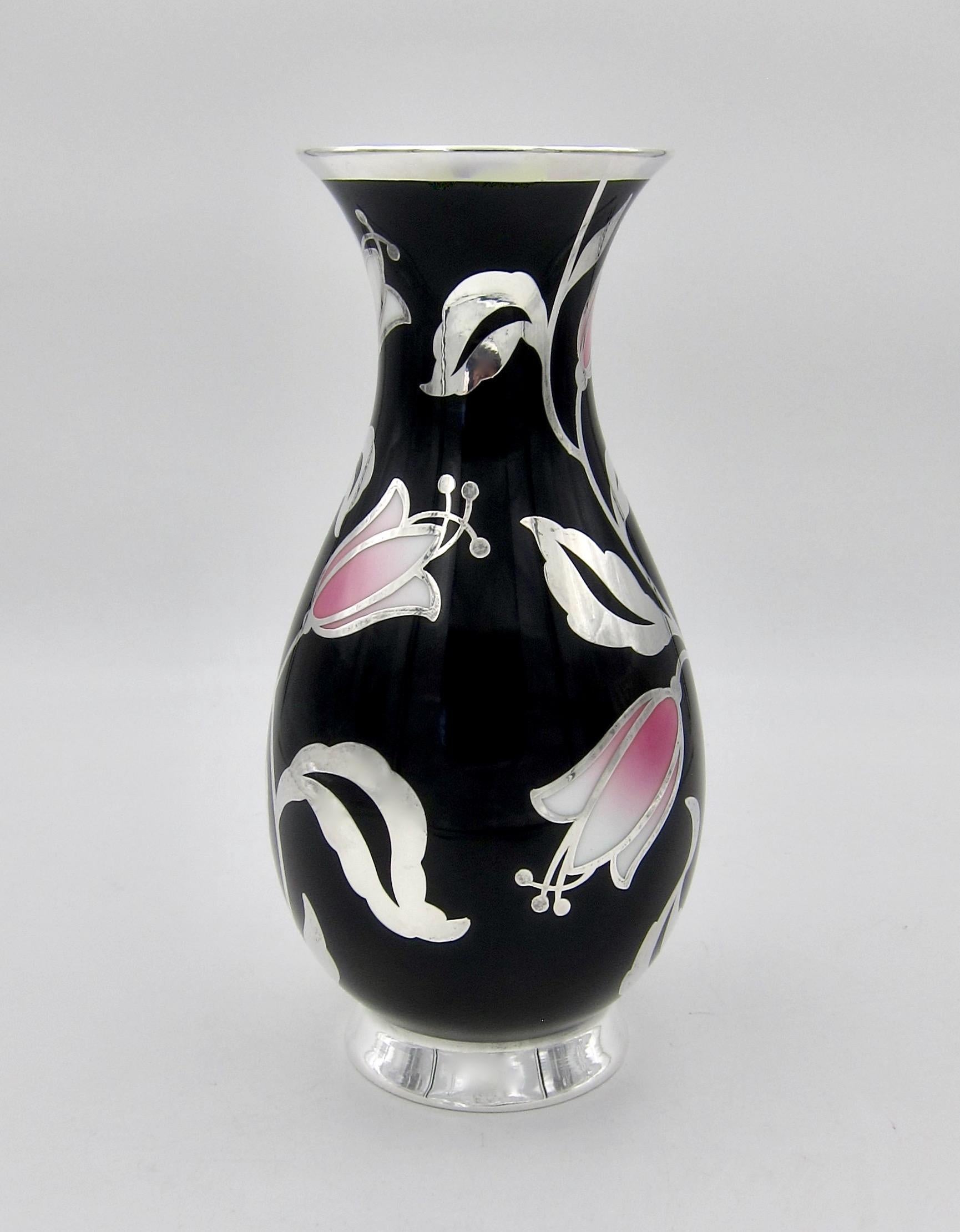 Glazed German Porcelain Vase with Spahr Pure Silver Overlay and Pink Tulips