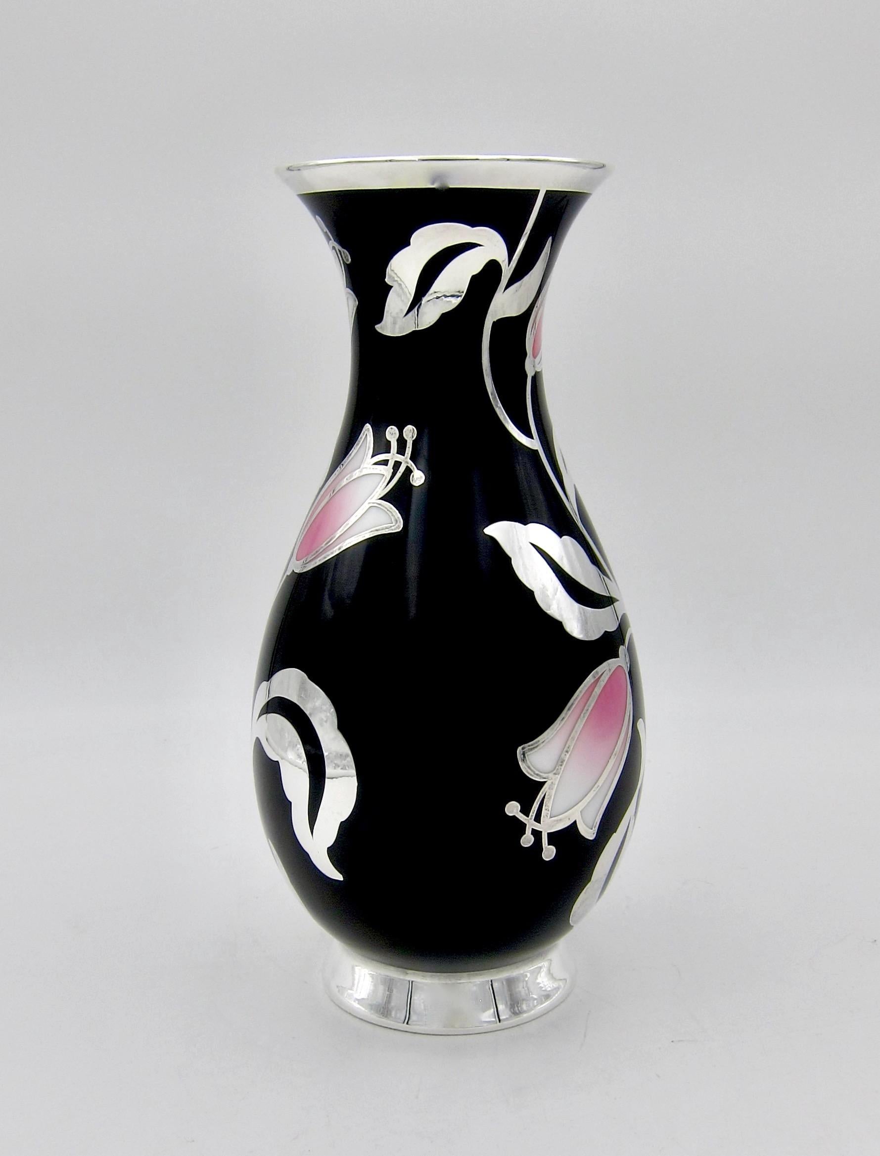 German Porcelain Vase with Spahr Pure Silver Overlay and Pink Tulips In Good Condition In Los Angeles, CA
