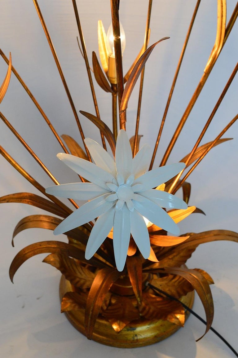 German Gilt Floor Lamp with White and Golden Flowers by Hans Kogl