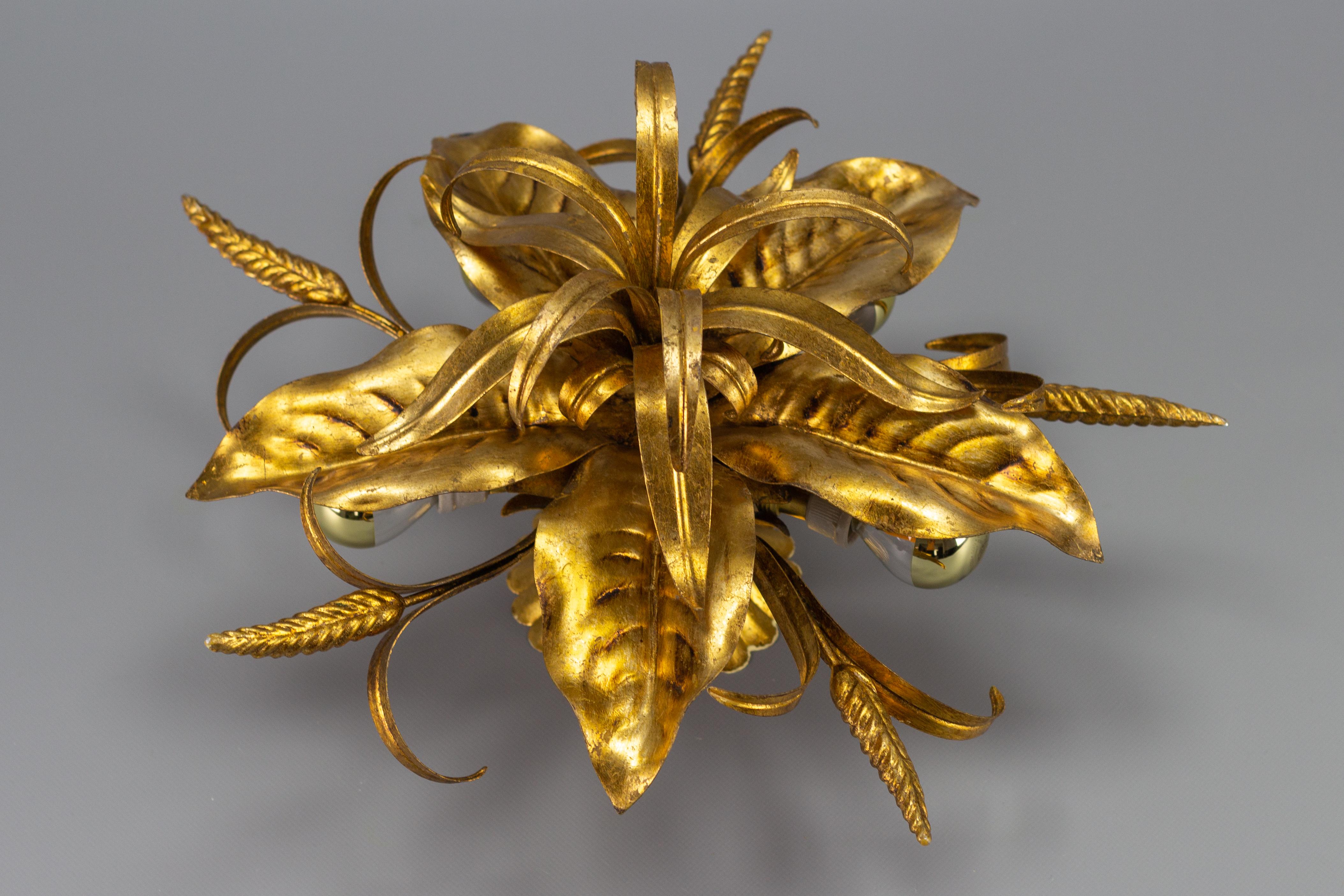 Gilt Metal Flower Shaped Ceiling Light with Wheat Ears by Hans Kögl, 1970s 4