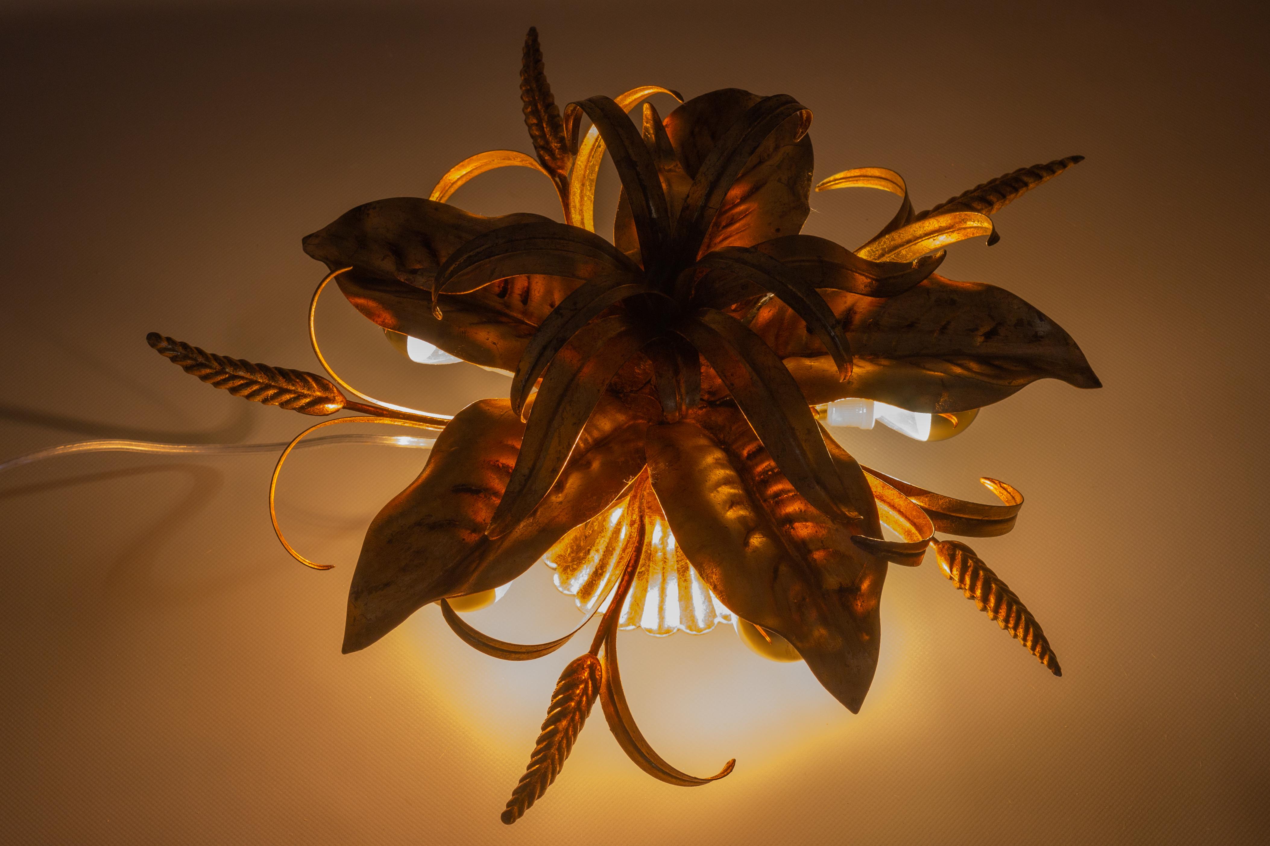 Gilt Metal Flower Shaped Ceiling Light with Wheat Ears by Hans Kögl, 1970s 5