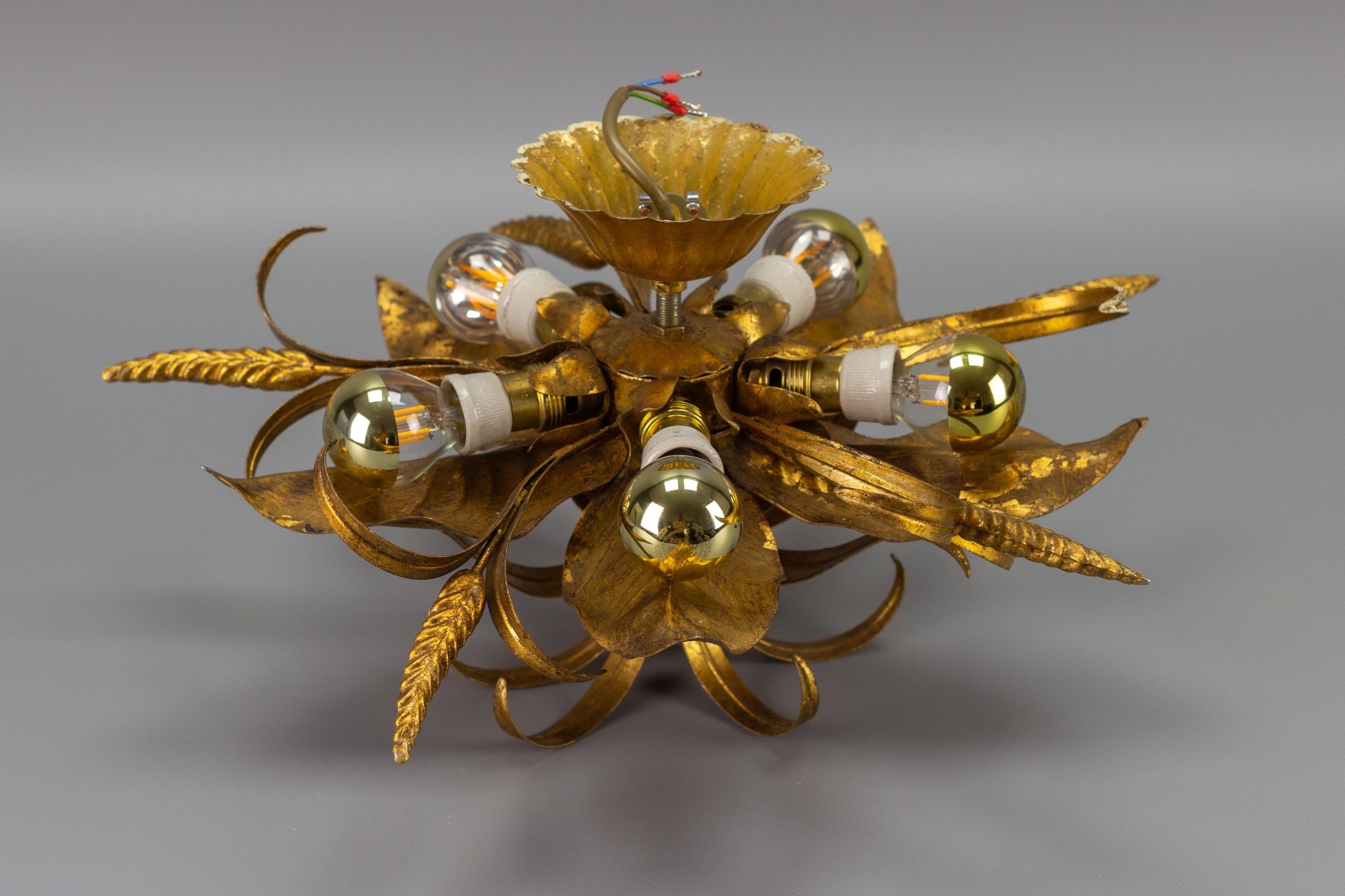 Gilt Metal Flower Shaped Ceiling Light with Wheat Ears by Hans Kögl, 1970s 7