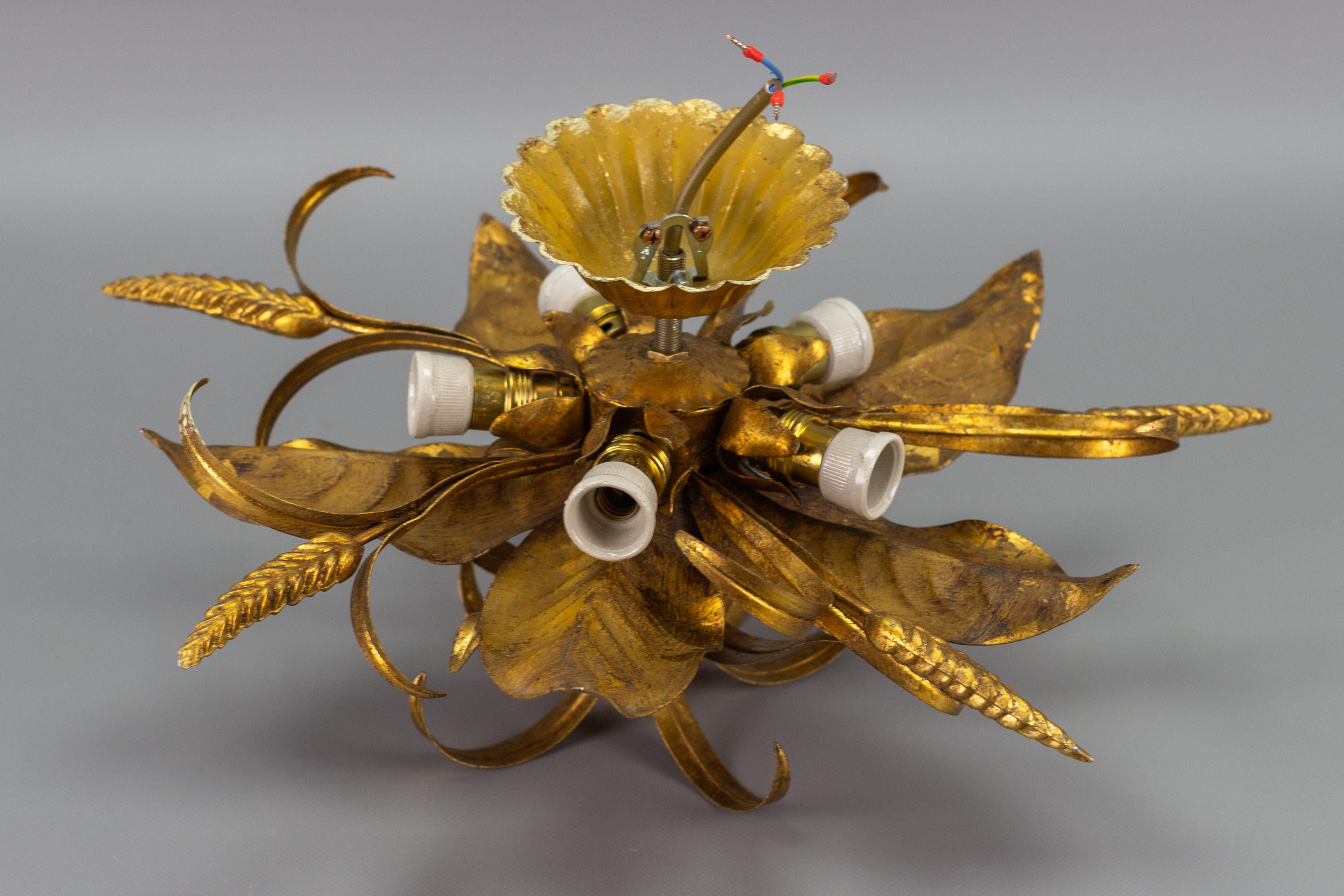Gilt Metal Flower Shaped Ceiling Light with Wheat Ears by Hans Kögl, 1970s 8