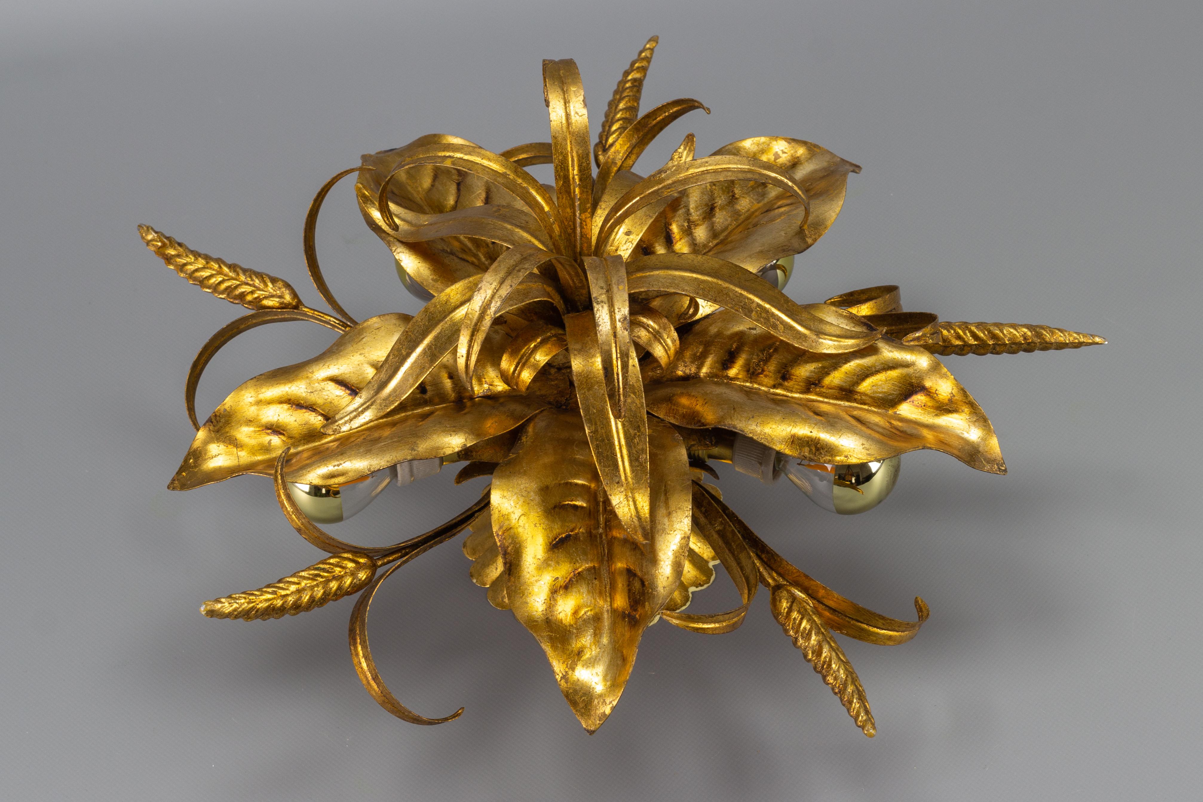 Gilt Metal Flower Shaped Ceiling Light with Wheat Ears by Hans Kögl, 1970s 11
