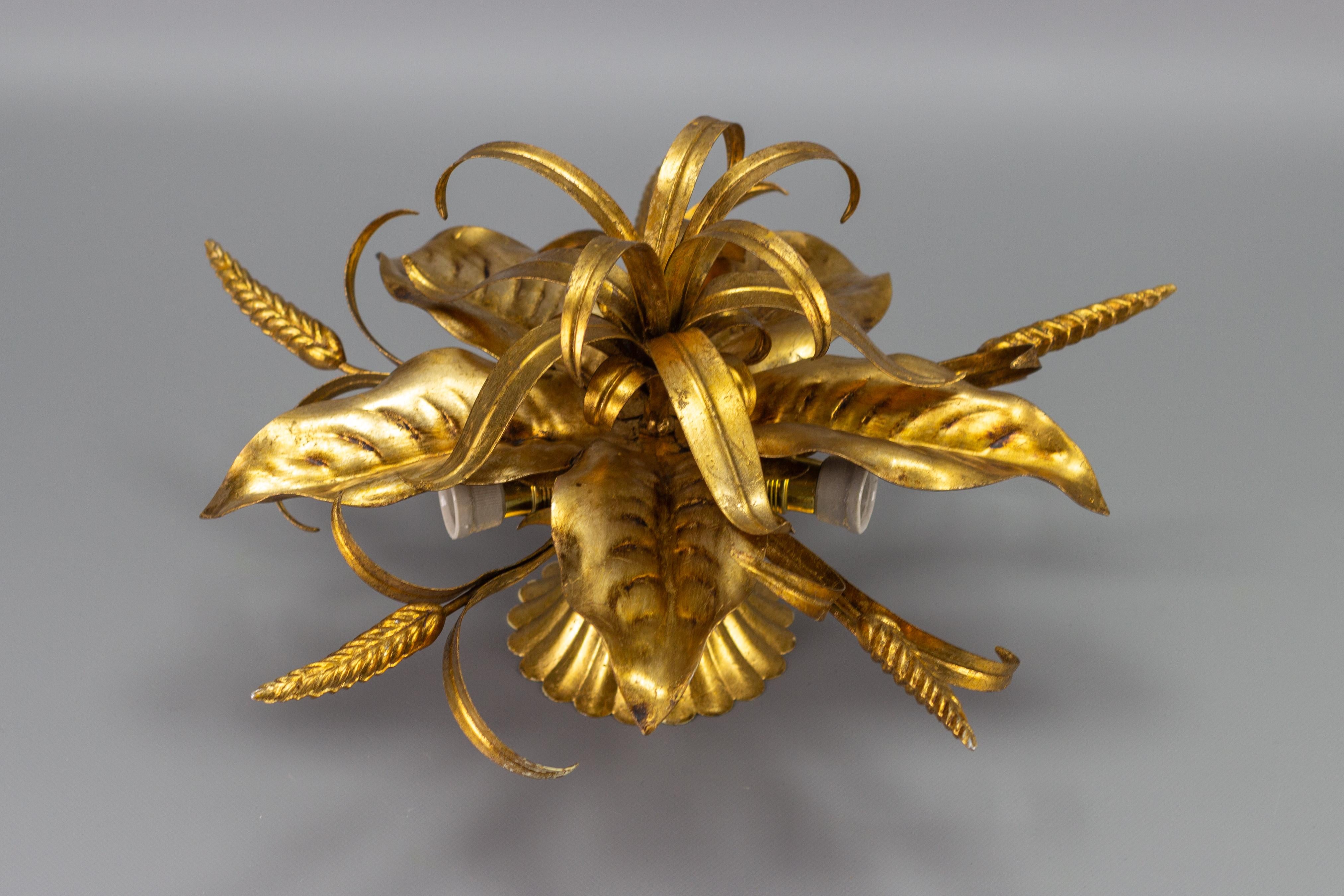 Hollywood Regency Gilt Metal Flower Shaped Ceiling Light with Wheat Ears by Hans Kögl, 1970s