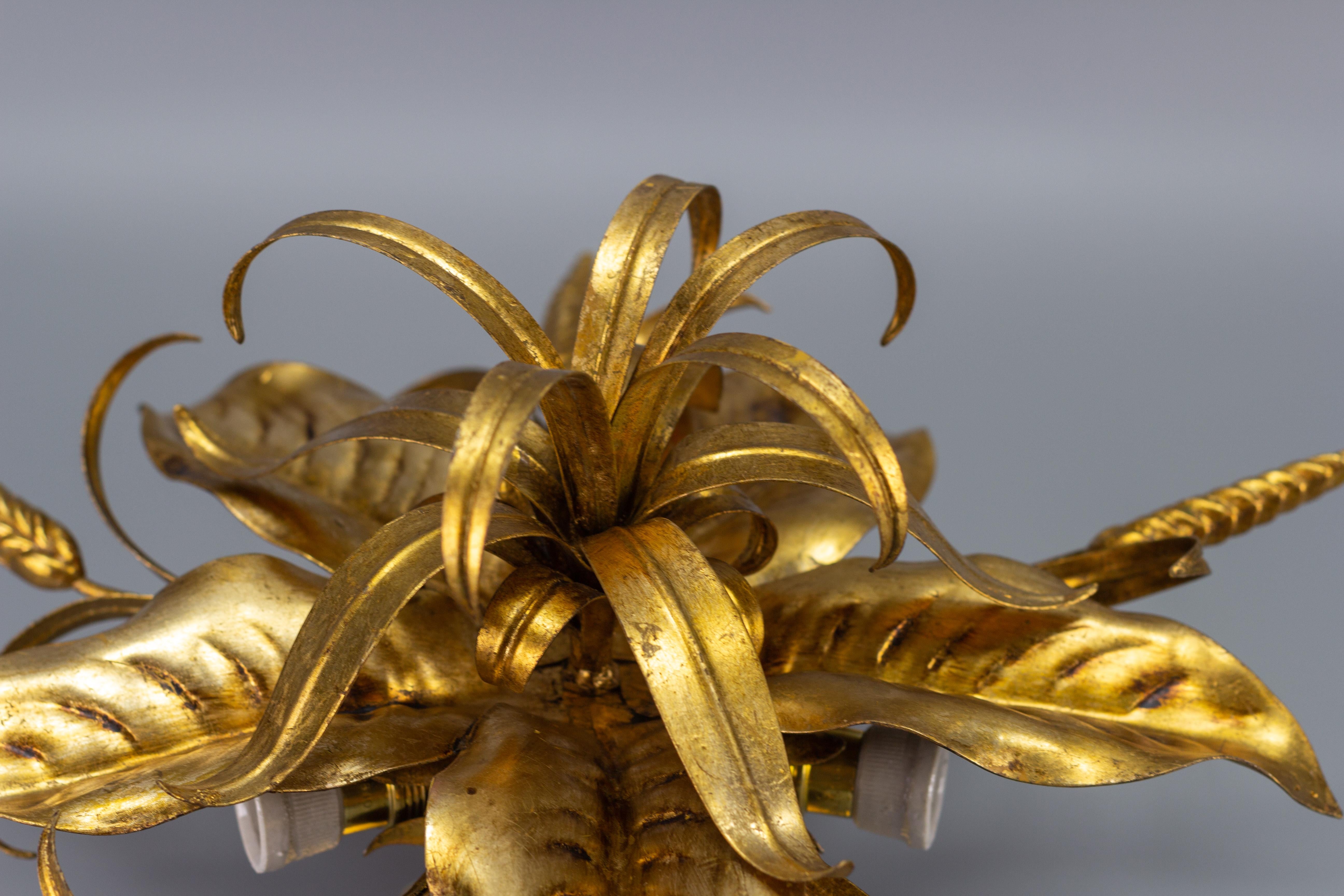 German Gilt Metal Flower Shaped Ceiling Light with Wheat Ears by Hans Kögl, 1970s